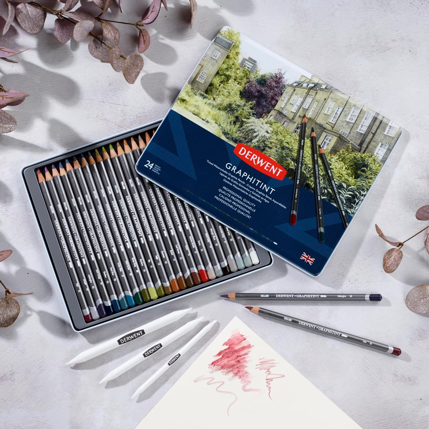 Derwent Graphitint Tinted Graphite Drawing Pencils, Set of 24, Watersoluble, Professional Quality, 0700803 image number 1