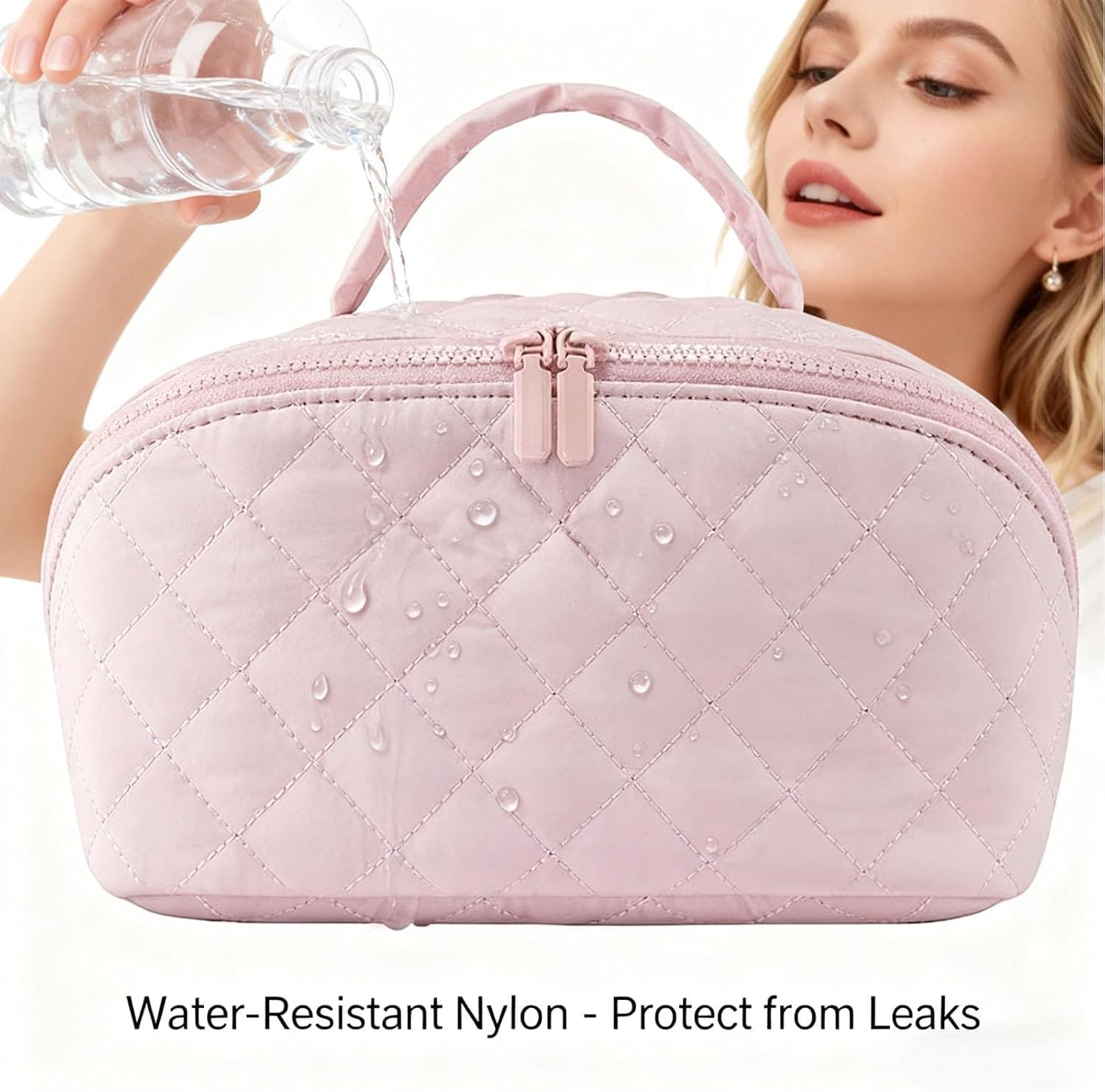 2 Pack Travel Makeup Bag Set with Clear Pouch, Women'S 180&deg; Lay-Flat Waterproof Cosmetic Organizer with Multi-Compartment, Large Capacity Toiletry & Brush Case for Daily Use and Travel (Pink) image number 2