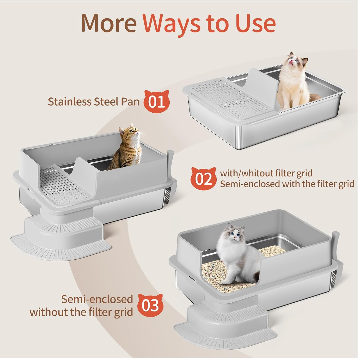 Bartuke XXXL Stainless Steel Litter Box, 70 X 50 X 30Cm Extra Large Semi Enclosed High Sided Metal Cat Litter Box with Filtered Grid, Step, Scoop, Non-Sticky, Non-Odor, Easy Cleaning (Light Gray)