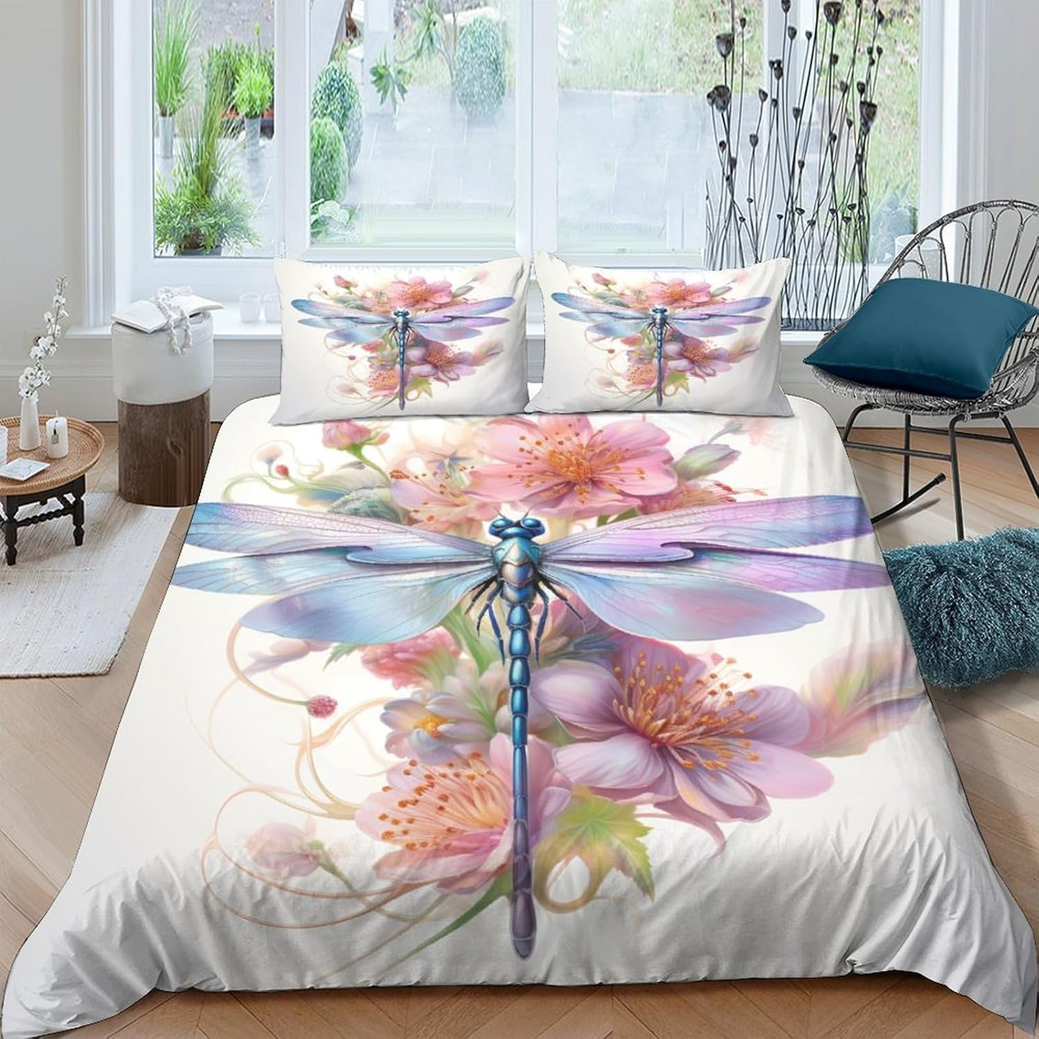 Dragonfly Duvet Cover Set Flower Comforter Cover for Teens 3D Print Bedding Set Microfiber Quilt Cover with Zipper Closure 3 Pieces with Pillowcases,King（210X245Cm） image number 4