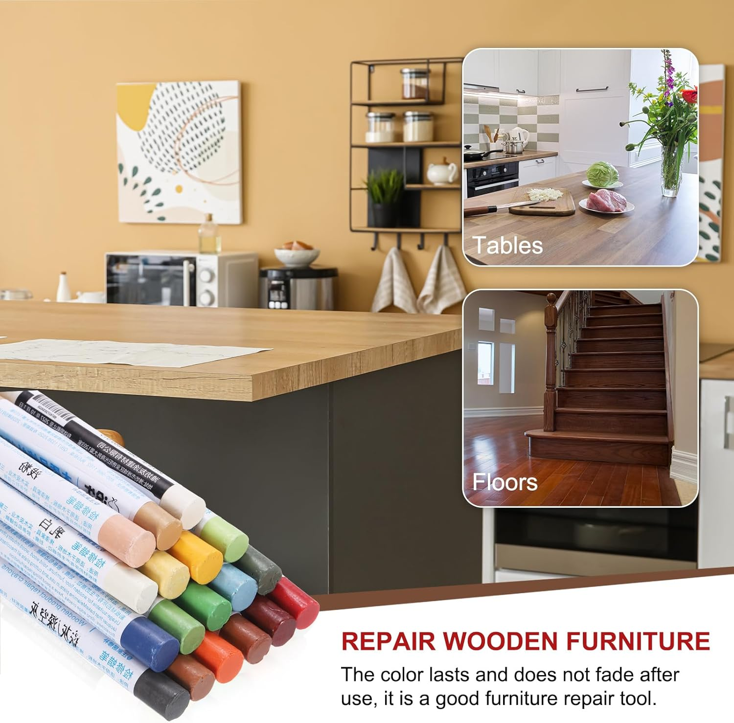 Uxcell Wood Filler Sticks Wood Furniture Scratch Repair Filler Sticks Furniture Touch up Markers with Yellow Scraper for Wood Holes Wood Floor Table Door Cabinet, Powder Oak image number 2