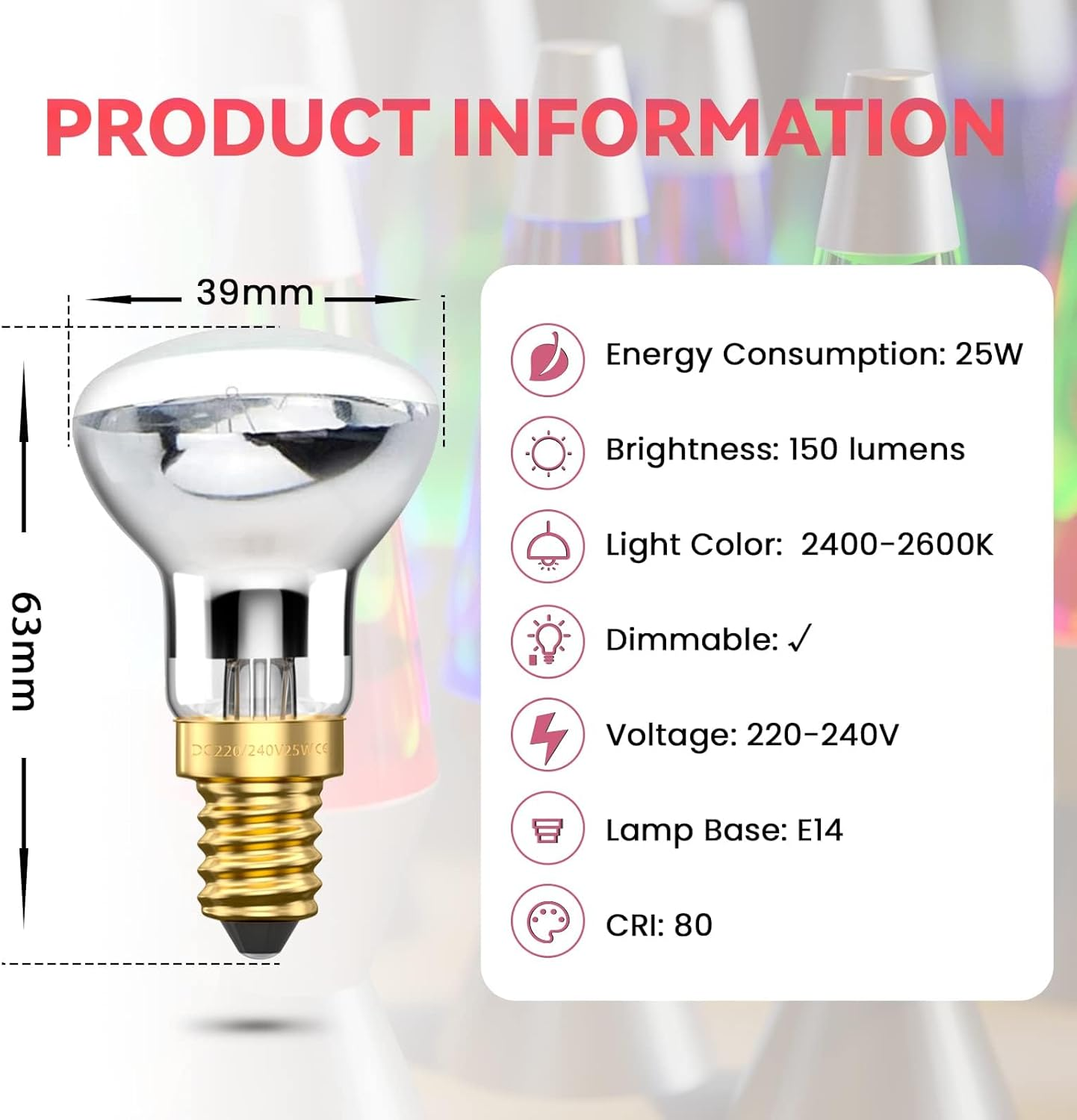 Bonlux R39 E14 Reflector Bulbs Spot Lights Lava Lamp 25W Super Bright Small Edison Screw Base SES Energy Saving Light Bulbs Warm White 2400-2600K 360 Degree Wide Beam Angle 240V Dimmable (4-Pack) image number 4