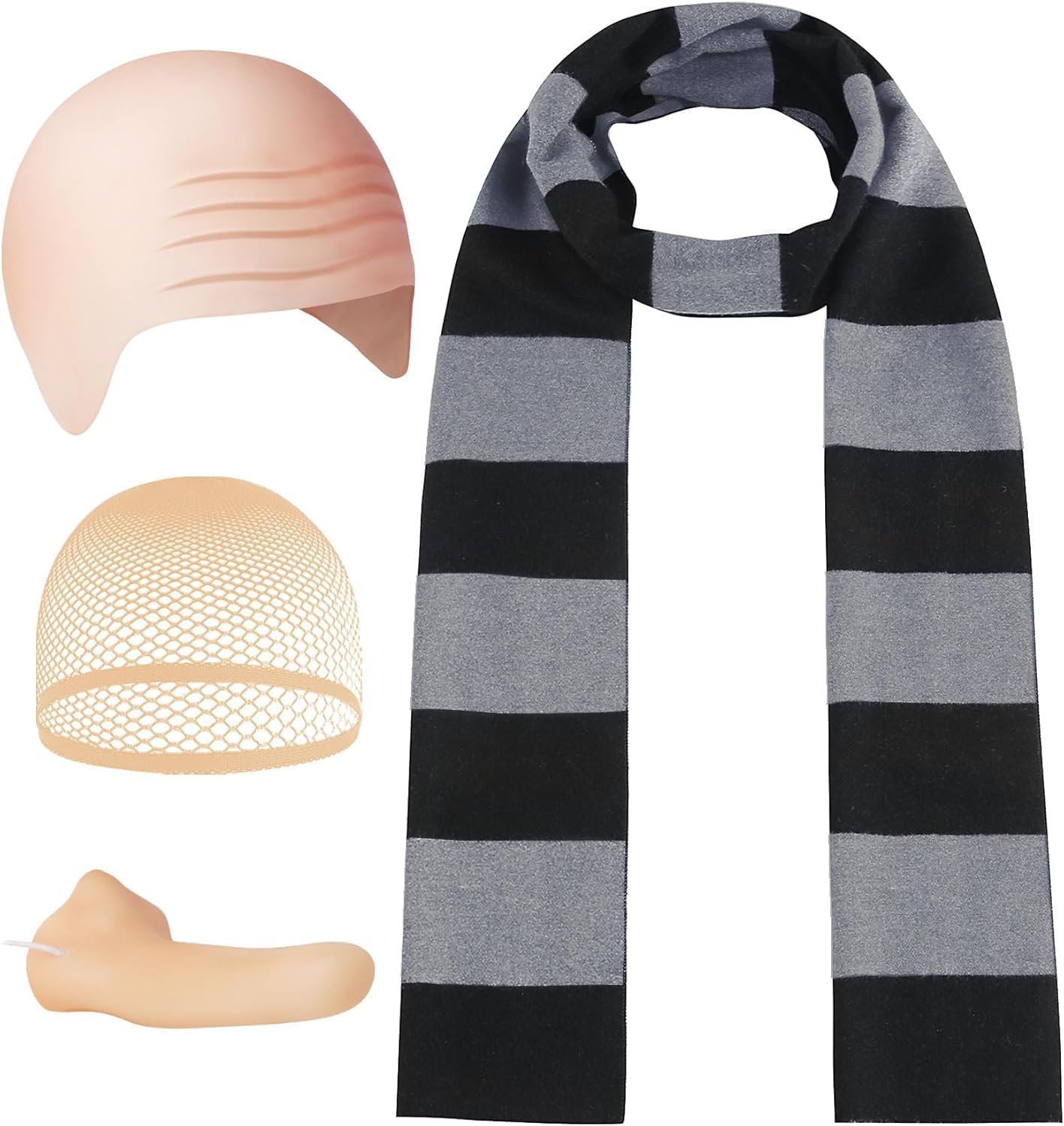4 Pcs Halloween Costume Accessories for Adult,Black Gray Striped Scarf/Fake Nose/Bald Cap for Men Cosplay Set image number 3