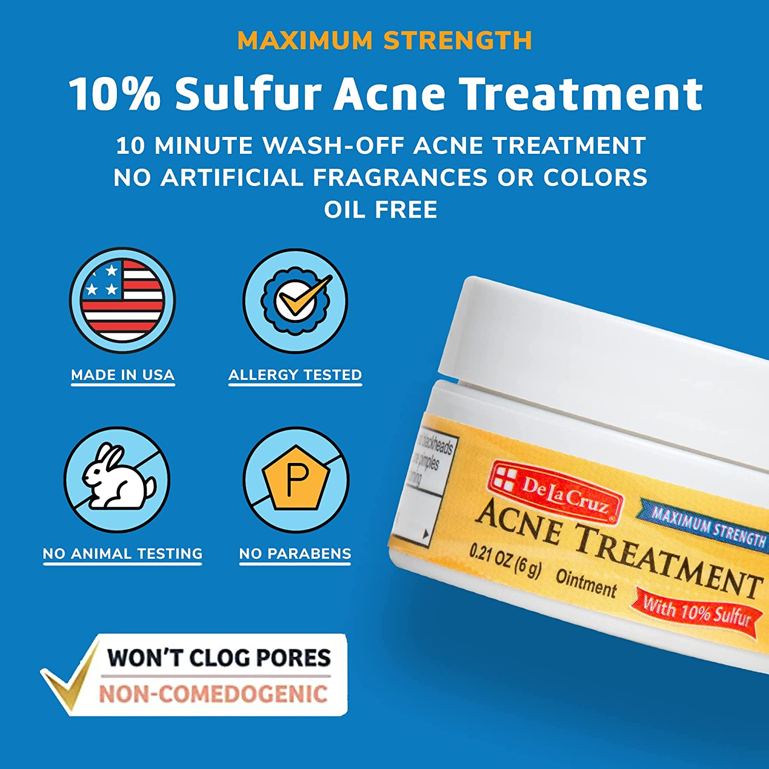 De La Cruz 10% Sulfur Ointment Acne Medication, Allergy-Tested, No Preservatives, Fragrances or Dyes, Made in USA 0.21 OZ. image number 2