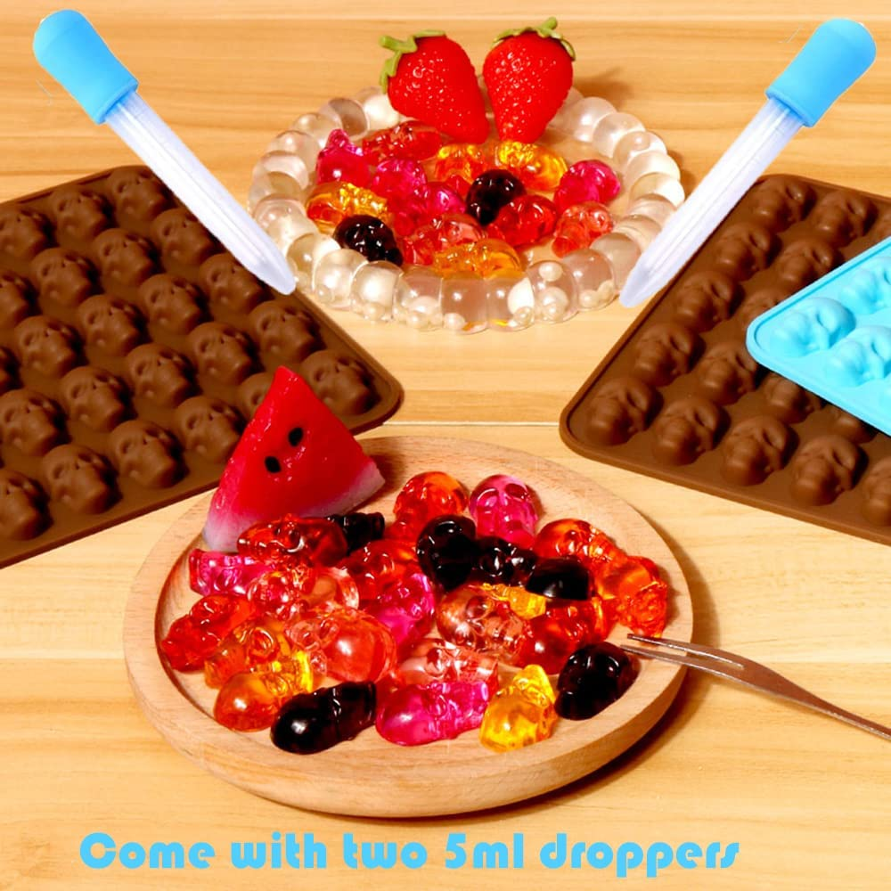 Gummy Skull Candy Molds,3-Pack 40 Cavity Silicone Skull Chocolate Molds with 2 Droppers for Halloween Gummy,Candy,Jelly,Chocolate,Ice Cube image number 5