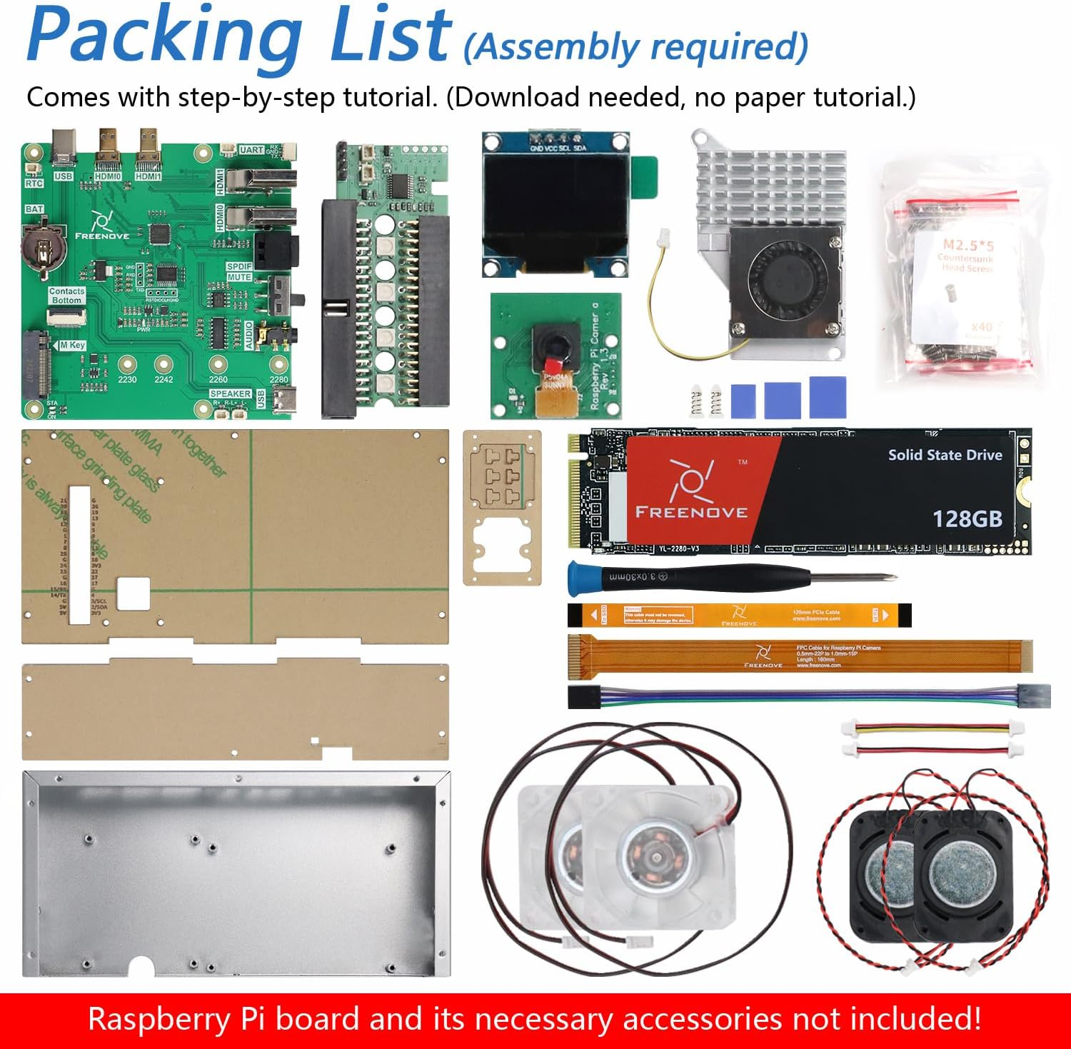 Freenove Computer Case Kit for Raspberry Pi 5 (NOT Included), 128GB M.2 Nvme SSD 800 Mb/S, 5 MP Camera, 0.96 Inch OLED Screen, Built-In Stereo Speakers, 3.5 Mm and Optical Audio (S/PDIF) image number 6