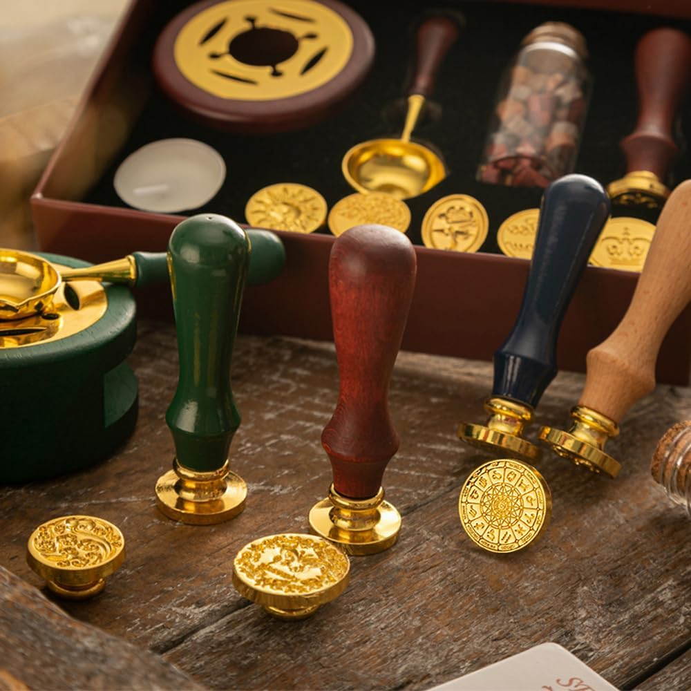 Generic Wax Seal Kit with 6Pcs Seal Stamp, Bottle of Wax Beads, Spoon, Candle, Wax Melt Warmer for Christmas Vintage Envelopes Letters Mailing Crafts Envelopes Letter Cards Wedding image number 1