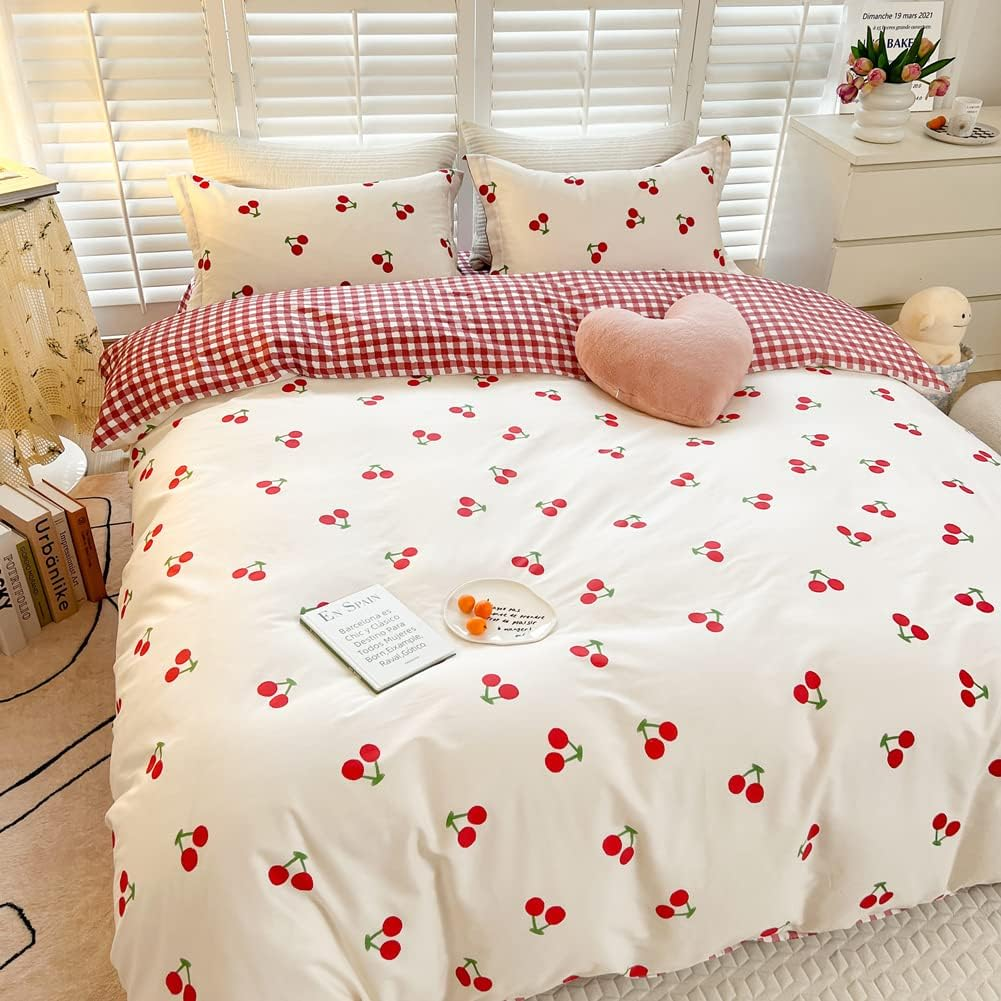Blueblue Cherry Kids Duvet Cover Set Queen 100% Cotton Bedding for Boys Girls Teens Cartoon Red Cherries Pattern on White 1 Cute Fruit Full Comforter Cover 2 Pillow Shams (Queen) image number 7