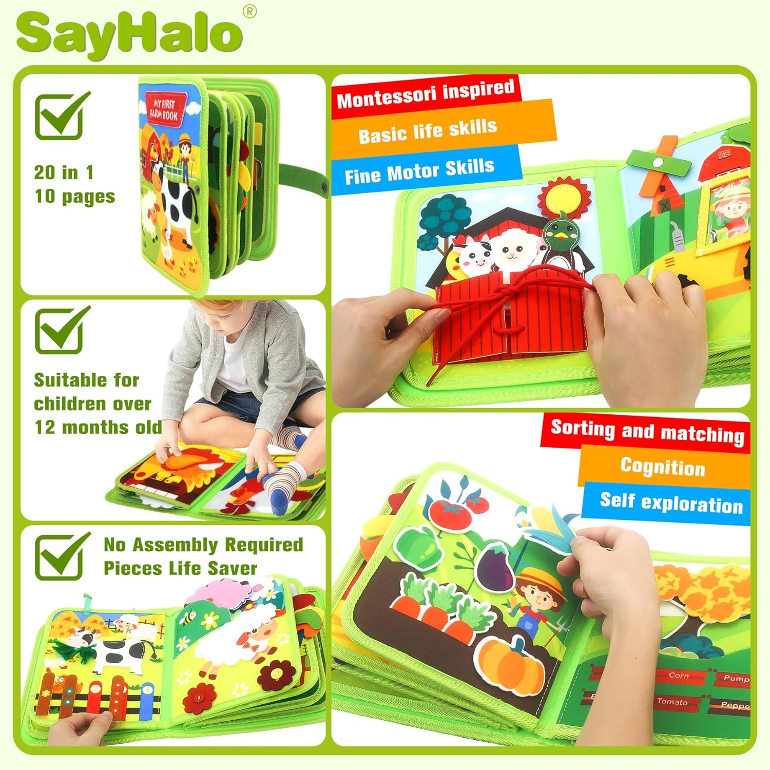 SAYHALO Farm Busy Book for Toddlers 3+, Montessori Toys Busy Board for 3+ Years Old Boys Girls, Travel Toys Quiet Activity Book with Life Skills, Cognition, Sorting, Matching image number 4