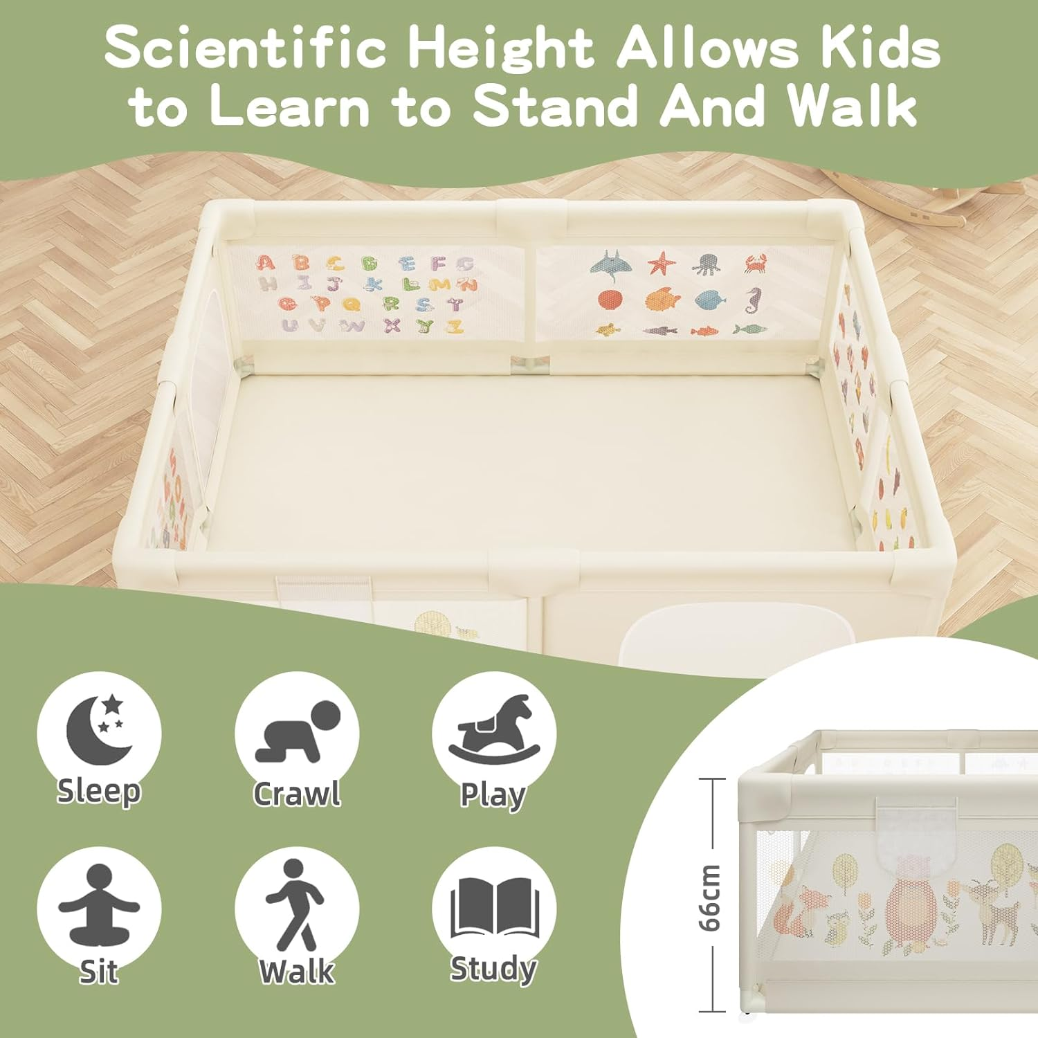 Baby Playpen 200 X 160 Cm, Extra-Large Non-Slip Playpens with Patterns, 50 Ocean Balls, 6 Pull Rings, Balls Storage Basket, Durable Zippered Door, Storage Bag for Outdoor Use (Beige) - Beige With Pattern image number 6