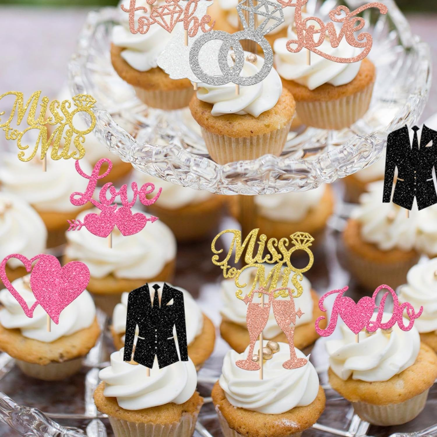 30 Pack Bride to Be Cupcake Toppers Gold Glitter I Do Love Heart Ring Miss to Mrs Cupcake Picks Bridal Shower Cake Decorations for Wedding Engagement Bachelorette Party Supplies (Multi) - Multi image number 3