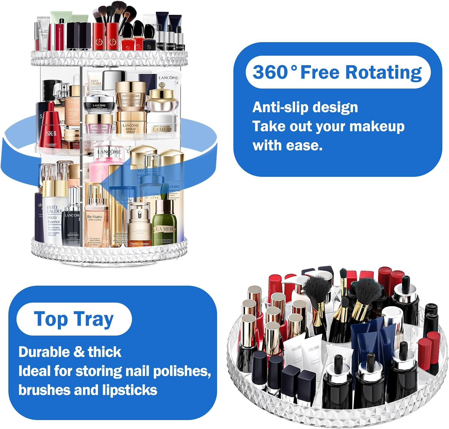 Mokani 360&deg; Rotating Acrylic Makeup Organisers, Adjustable Skincare Cosmetic Organiser Make up Organizers Storage Lipsticks Brushes Perfume Holder Stand for Dresser, Bedroom, Bathroom (Clear) image number 5