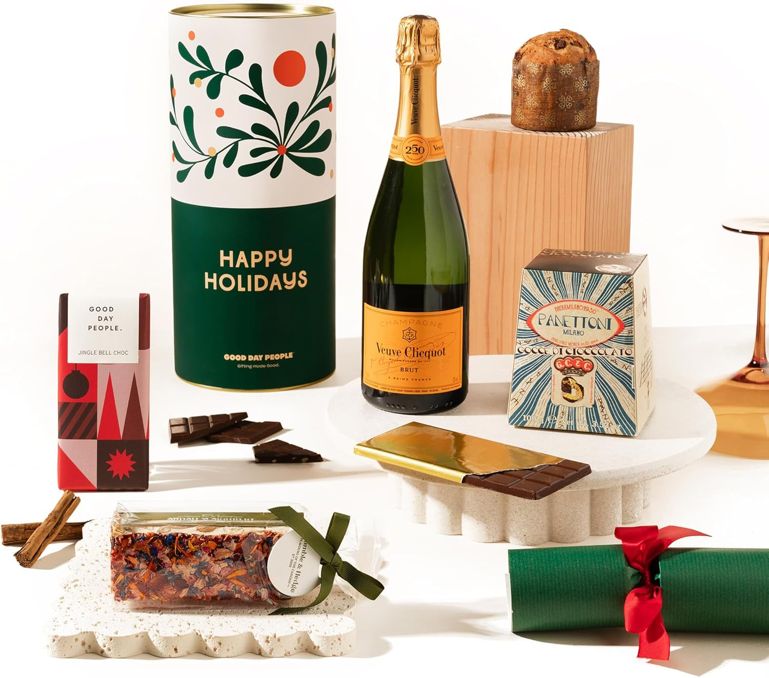 Festive Veuve Champagne Christmas Hamper | Chrissy Missy Gift Hamper by Good Day People | Premium Christmas Hamper, Gift Box, and Chocolate Gift Set for the Holidays | with Veuve Champagne, Bramble & Hedge Nougat, Bahen & Co. Chocolate, Italian Panettone & Gourmet Wine Options &ndash; Gift Box for Celebrations & Christmas image number 1
