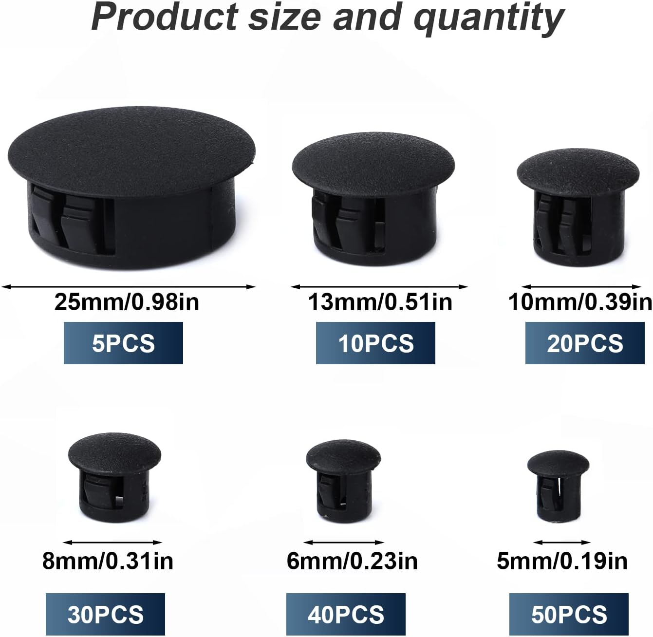 Savita 155 Pcs 6 Sizes Plastic Hole Cover for Desk, 3/16", 1/4", 5/16", 3/8", 1/2", 1" Plastic Hole Plugs Furniture Hole Plugs for Kitchen Cabinet Furniture (Black) image number 5