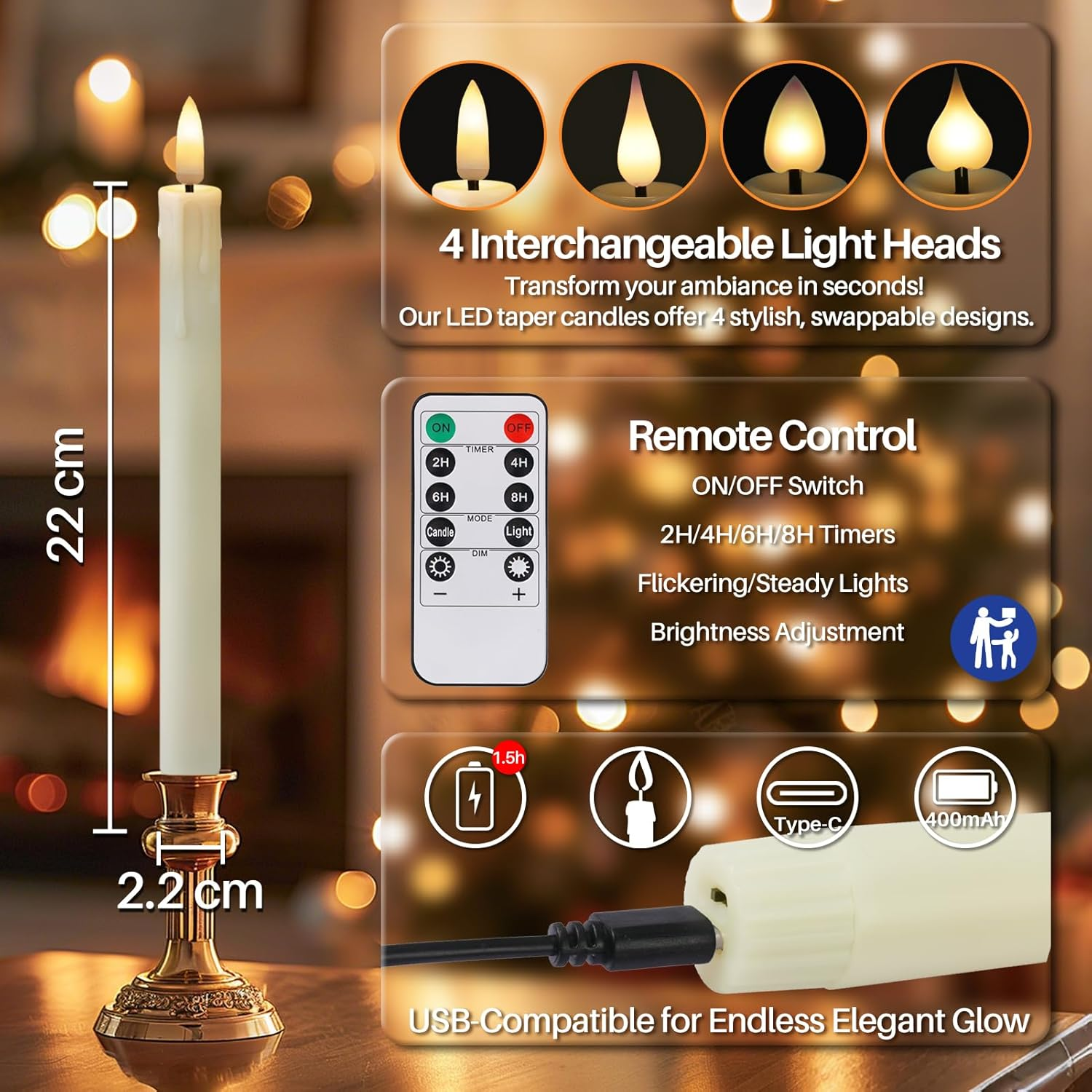Neween Rechargeable Flameless Taper Candles, LED Candlesticks Flickering, Battery Operated Candles with Remote Timer Replacement Light Head for Home Wedding Christmas Decor, 6 Pcs, Ivory