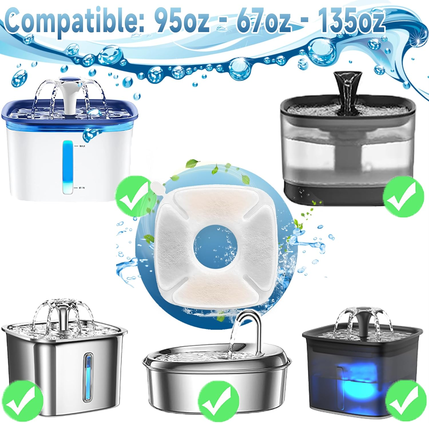 18 Pcs Cat Fountain Filters Replacement Compatible with VEKEN 95Oz/2.8L, 67Oz/2L, 135Oz/4L Pet Fountain image number 4