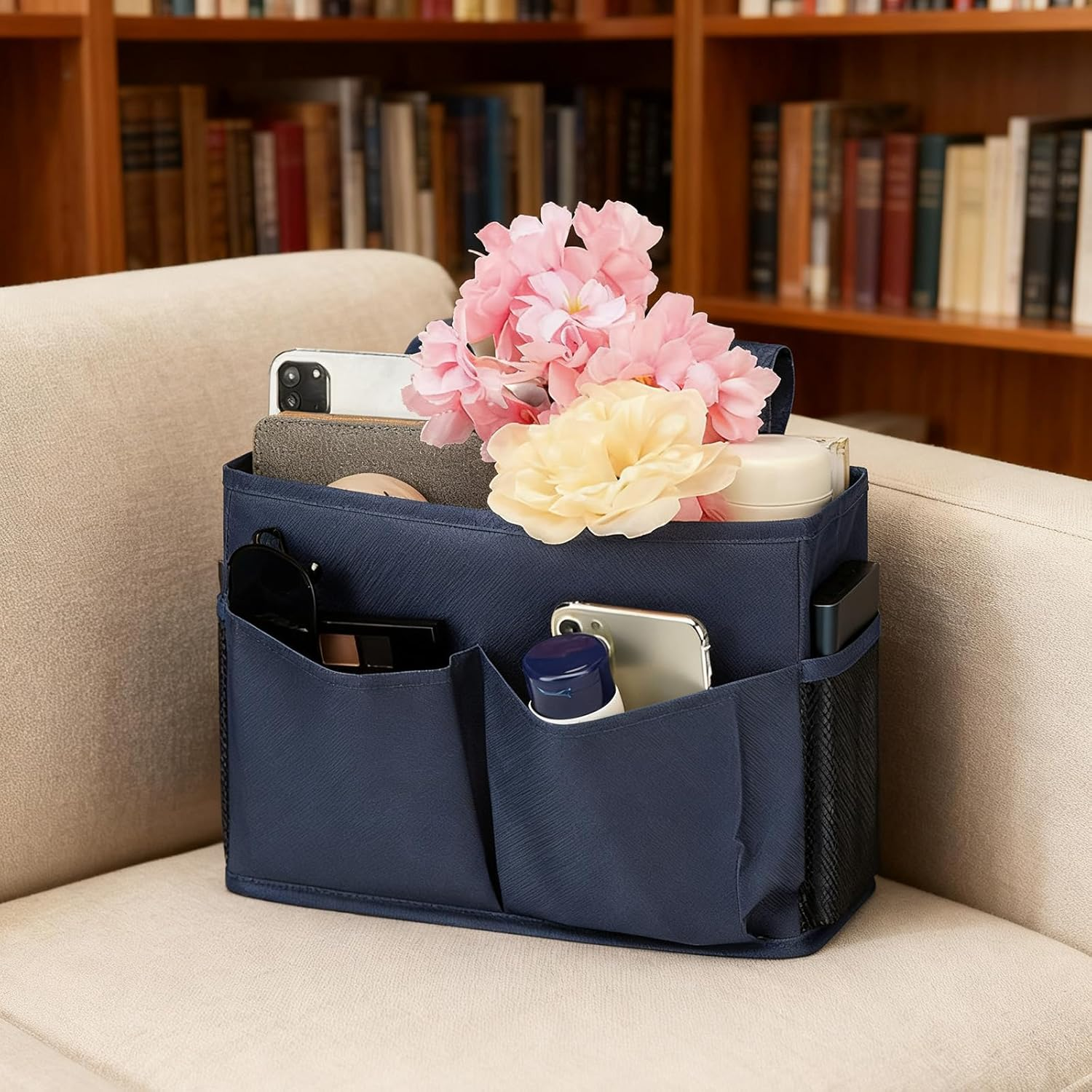 Bedside Table Organiser, Practical Bedside Caddy, Hanging Organiser, Storage Pocket Bag Suitable for Bunk Beds, Hospital Beds, College Dorms, Crib Rails, and Camping (Deep Blue) image number 3