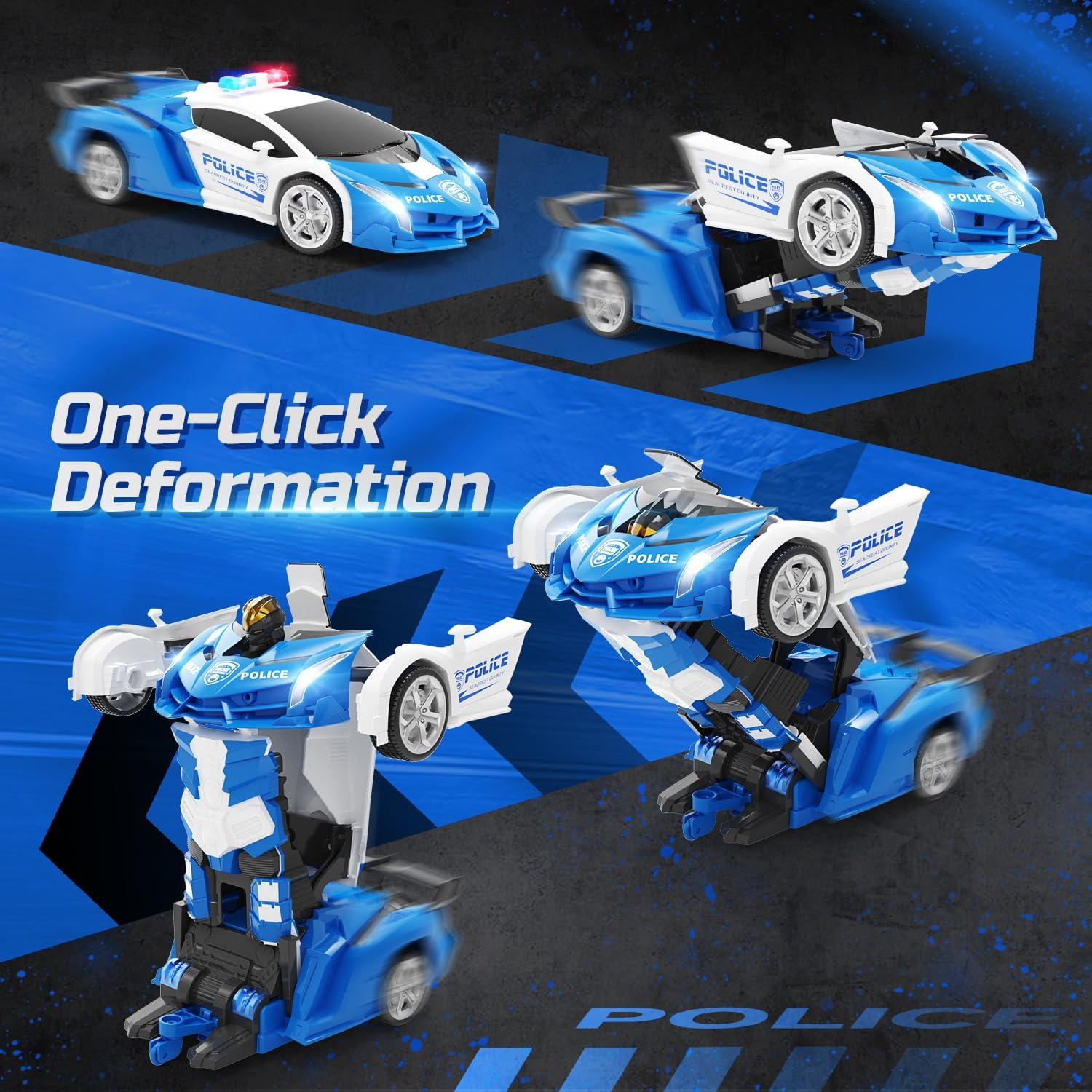 DEERC RC Police Car Transform Robot, 2.4Ghz Remote Control Police Cars for Kids, 1:18 Scale Robot Toy Car W/One-Key Transformation, 360&deg; Rotation, Auto Mode, Rechargeable Battery, Robot for Man Boys