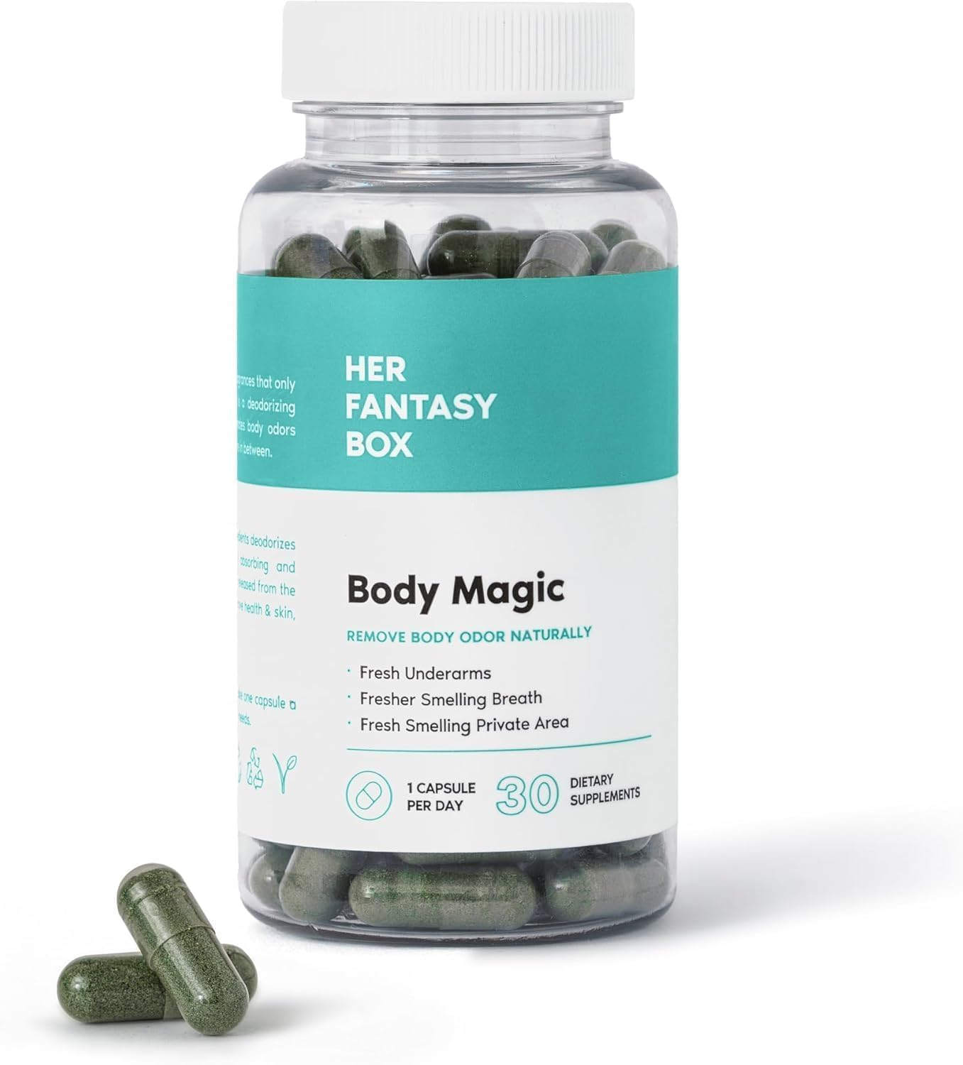 Her Fantasy Box | Body Magic Chlorophyll Capsules - 30 Vegan Capsules - for Detox, Digestion, Gut Health, Skin, Oily Skin & More image number 3