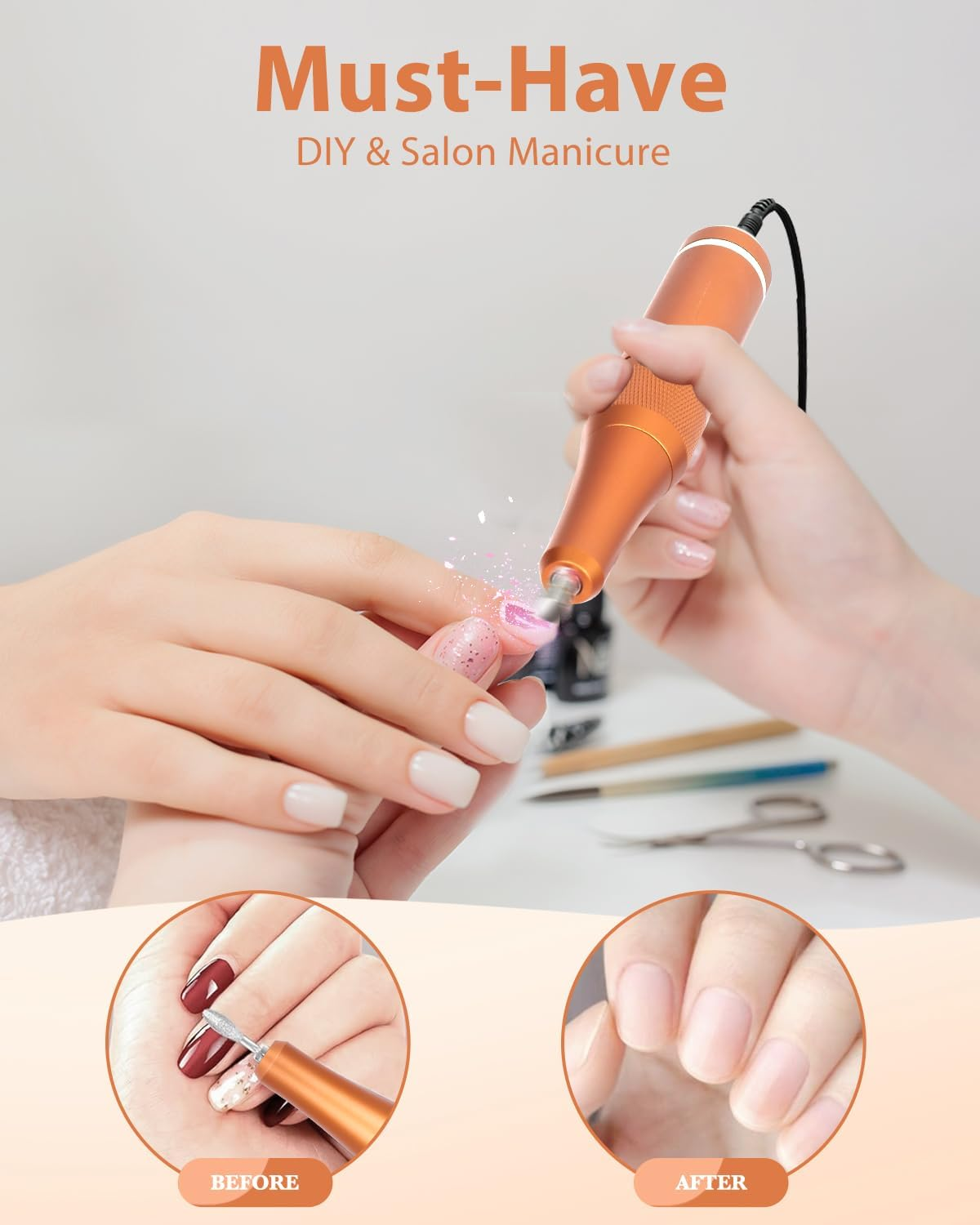 ENGERWALL Professional Manicure Pedicure Set, Rechargeable Nail Cutter 35000 Rpm, Portable Wireless Electric Nail File, Nail Care Tool for Grinding, Trimming and Polishing, Orange image number 2