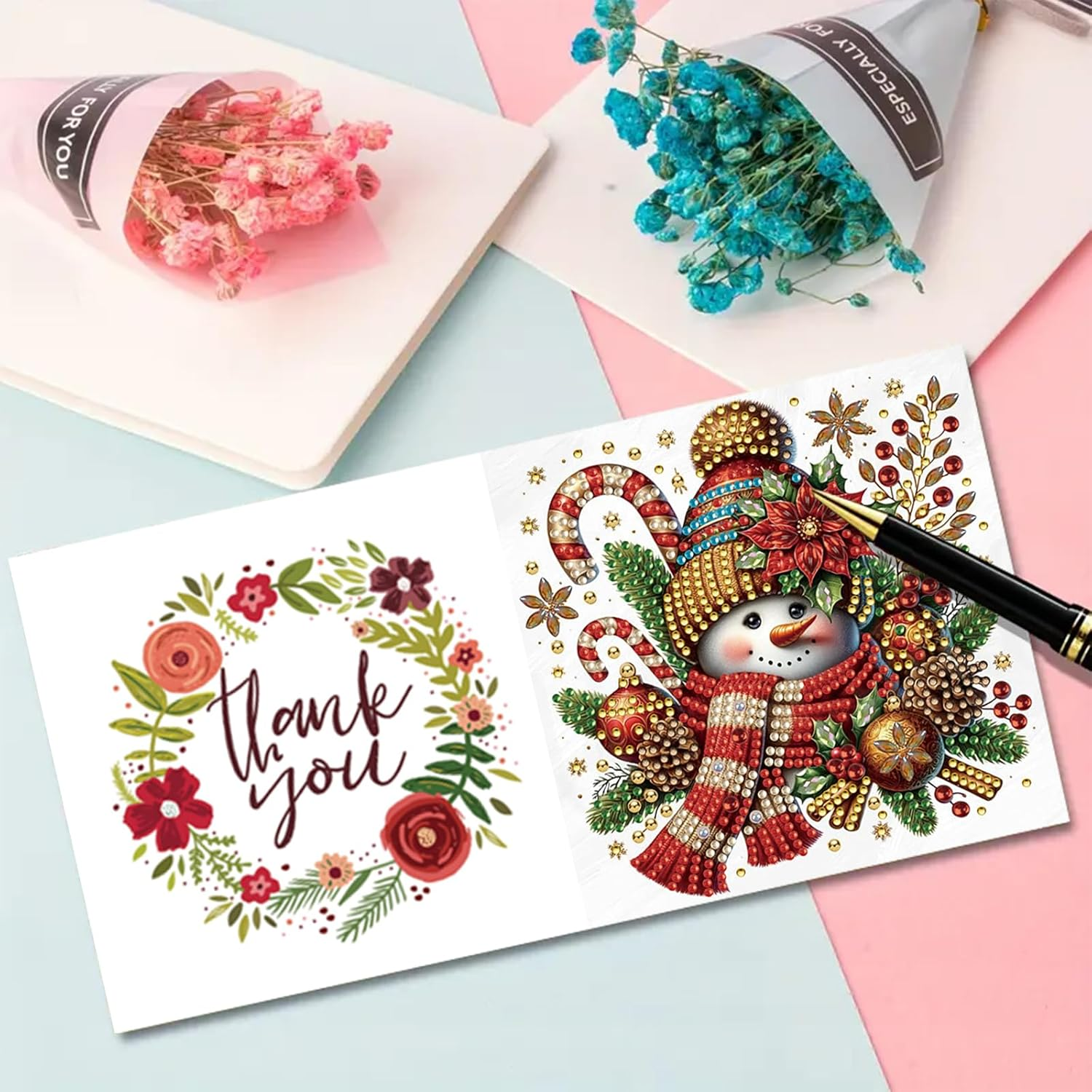 Awesocrafts 6Pcs Diamond Art Christmas Cards Craft Kits XXX, DIY Diamond Painting Cards Sets, 5D Diamond Art Cards with Envelopes, Postcards for Handmade Gift, Xmas Gift 30 * 15Cm (Snowman) - Bird image number 4