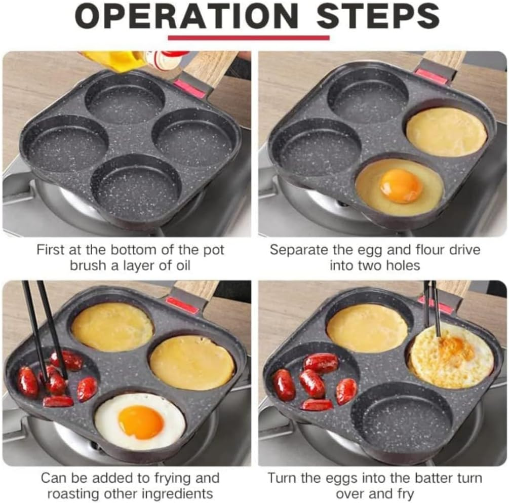 Kitment Egg Frying Pan with Flipping Lid, 4 Cup Omelet Pan for Burger Eggs Ham, Pancake Maker Frying Pot for Breakfast, Egg Skillet, Suitable for Gas, Induction Stoves, Nonstick, Wooden Handle image number 6