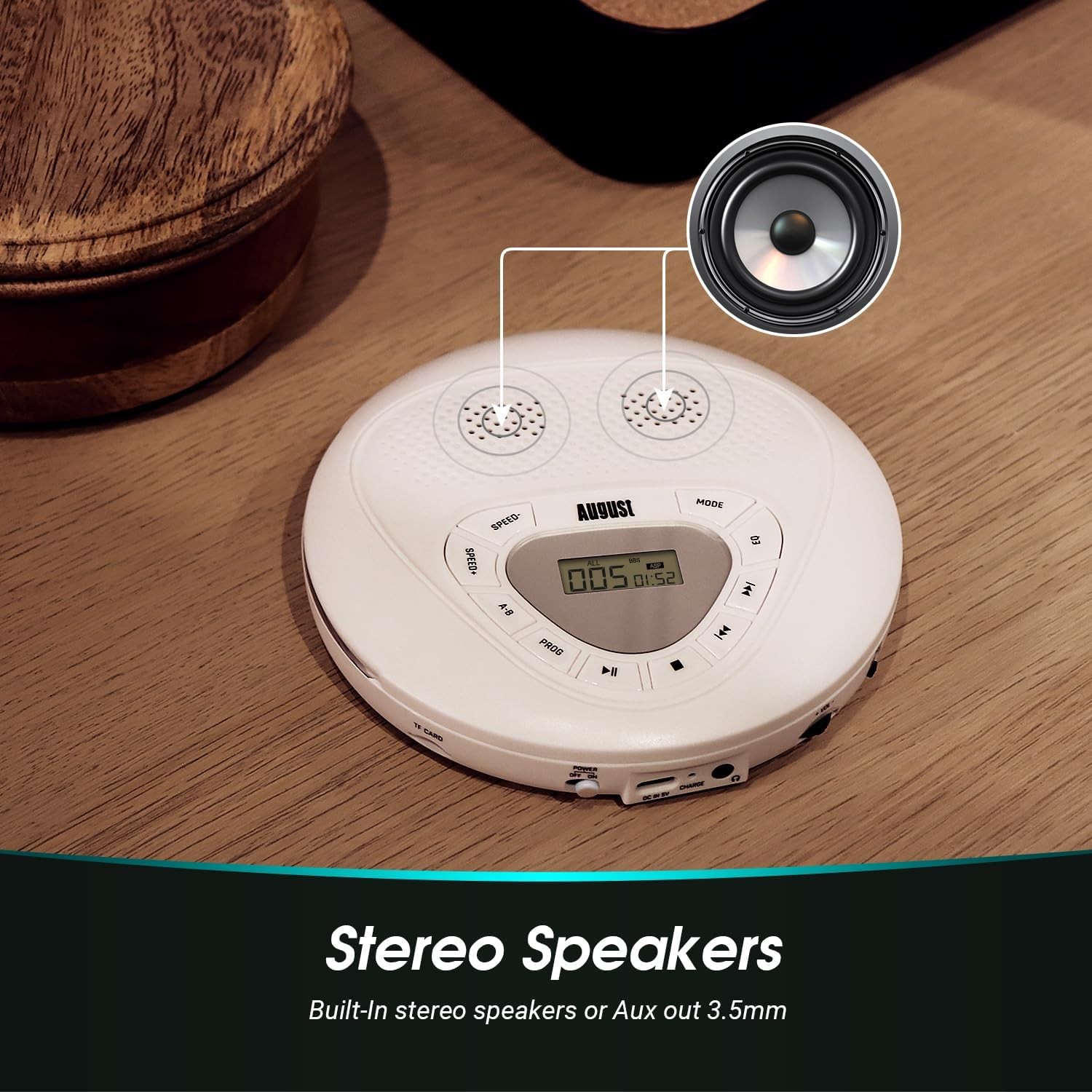 August SE10W Rechargeable Portable CD Player with Earphones USB-C Personal CD Walkman with anti Skip Protection, Repeat, EQ, PROG, MP3 Micro SD Card Mode - Small Size for Car, Home, Travel - White image number 6