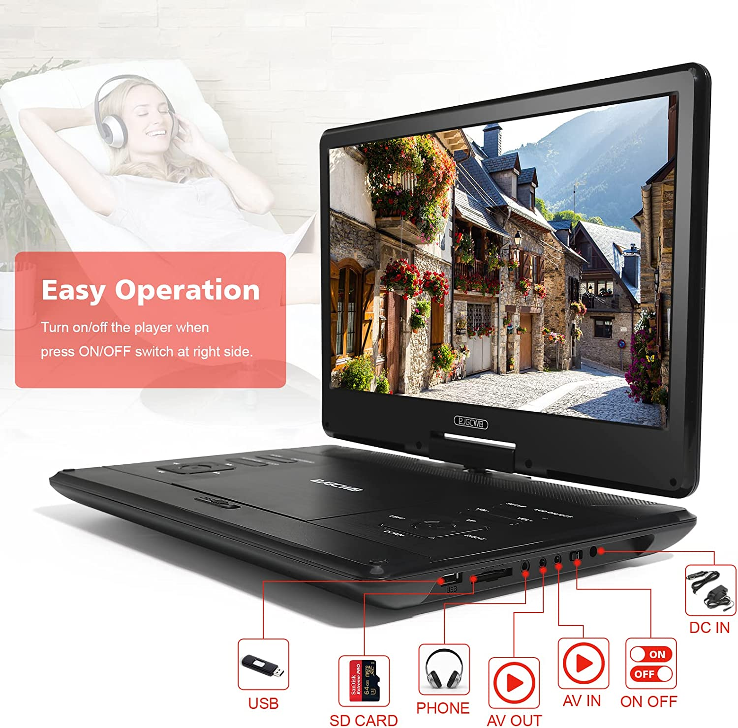 16.9" Portable DVD Player with 14.1" Large HD Screen,High Volume Speaker,4-6 Hours Built-In Rechargeable Battery,Support USB/SD Card/Sync TV and Multiple Disc Formats,Region Free,Remote Control,Black image number 1