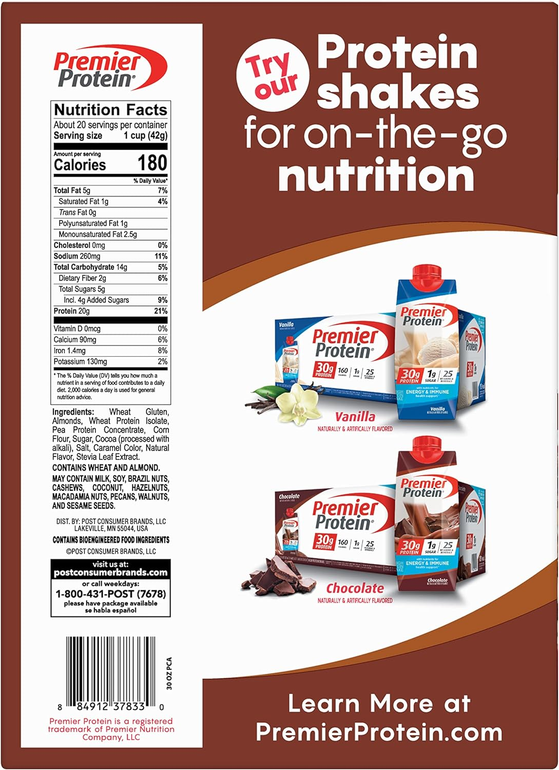 Post Premier Protein Chocolate Almond Cereal, Chocolatey Protein Cereal Flakes with Sliced Almonds, Contains 20G of Protein per Serving, 30 OZ Box image number 2