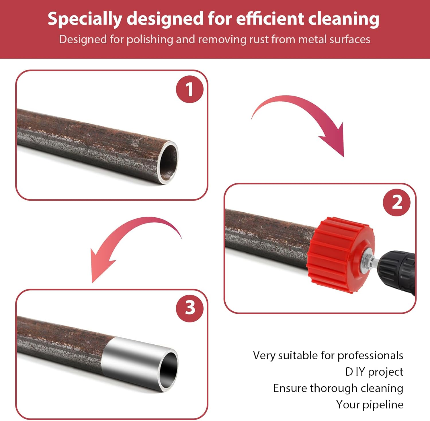 9 Piece Set 1/2" 3/4" 1" Copper Pipe Cleaner for Drill, Tube Cleaning Brush W Stainless-Steel Wire Bristle, Cleans Copper/Bronze/Brass Pipes and Tubes for Soldering image number 1