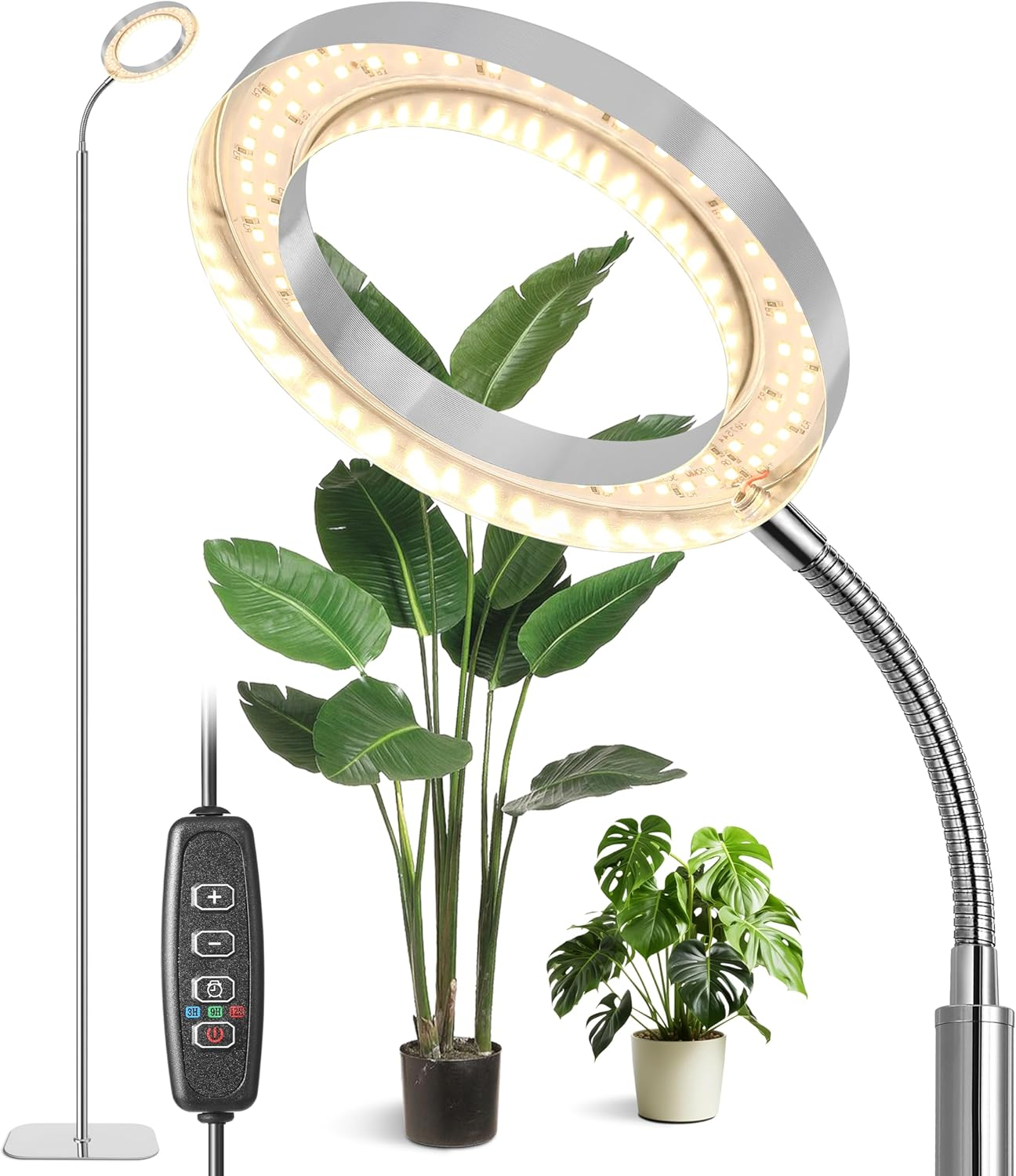 Floor Grow Light for Indoor Large Tall Plants, LED Full Spectrum Plant Light with Stand, 3/9/12H Timer, 60 Inch Height Adjustable,10 Level Dimmable, Silver Halo Growth Lamp image number 2