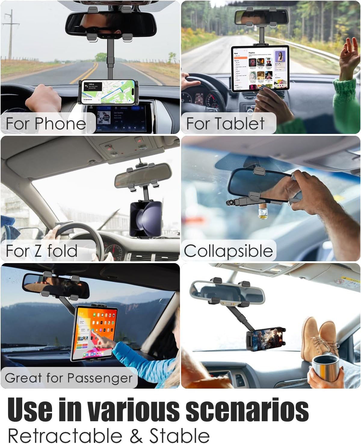 Wukanelng Car Rear View Mirror Tablet Phone Mount with 4 Clips, Sturdy & Durable Rearview Mirror Phone Mount with 7.3" Adjustable Arm Fits 4.7-13" Ipad Pro/Air/Mini, Iphone 16 15, Galaxy Z Fold