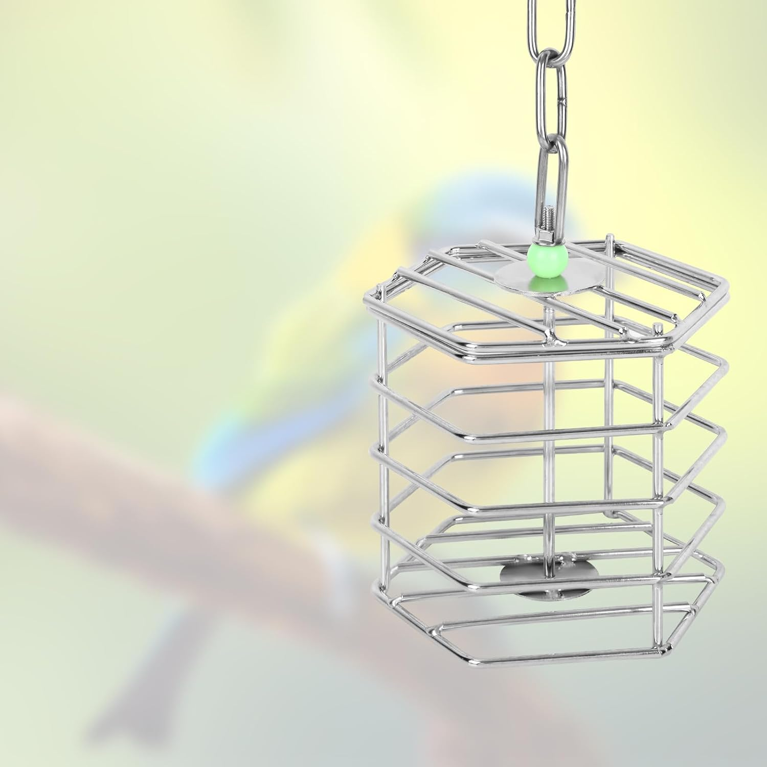 Stainless Steel Bird Feeder Cage with Chain & Bead, Hanging Bird Food Holder Intelligent Feeding Box Millet Treat Holder for Macaw Cockatoo Cockatiel Parrot