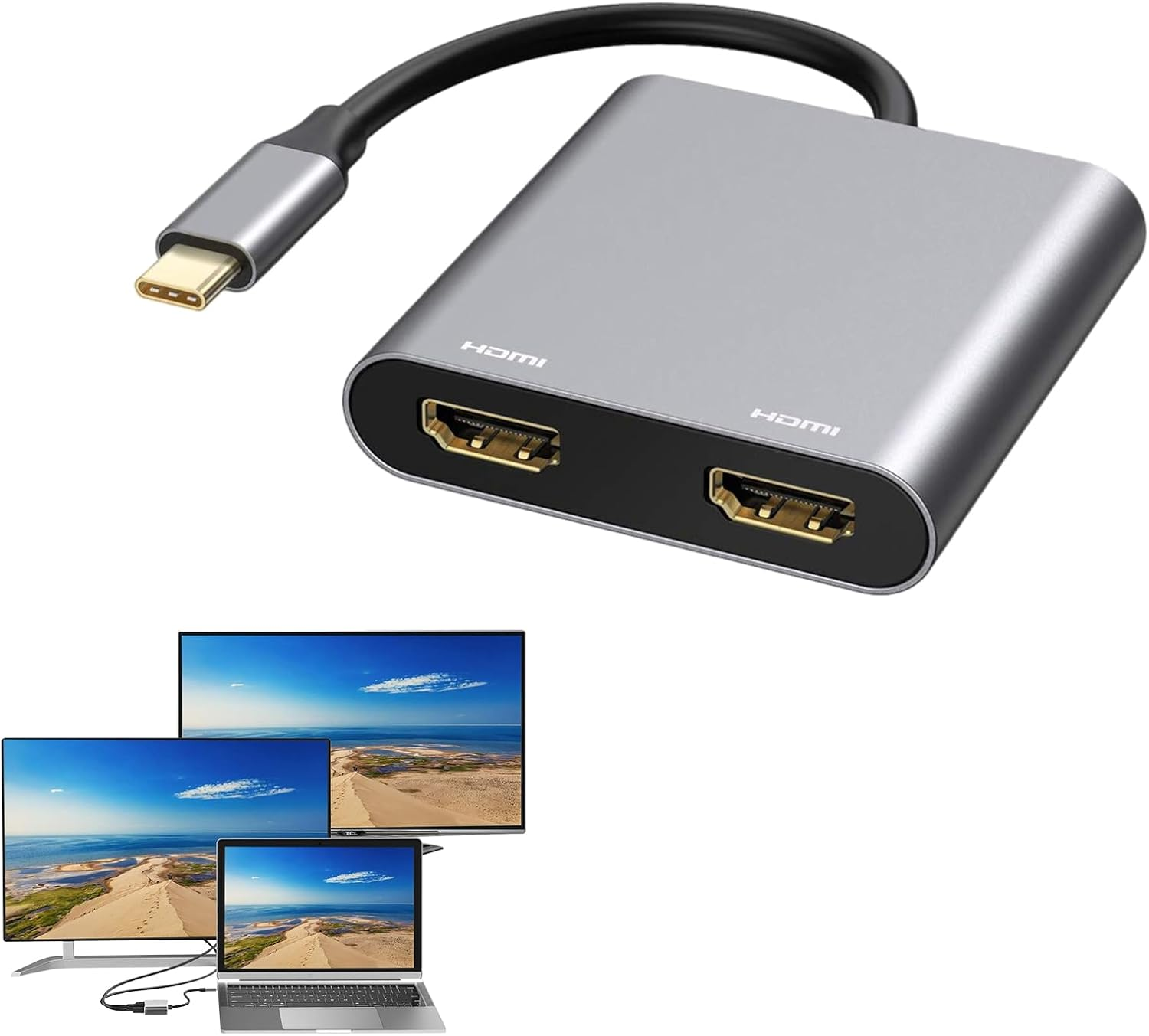 USB C HDMI Splitter, USB C to Dual HDMI Adapter 4K@60Hz, HDMI Splitter for Dual Monitors Extended Display, Support Dual Monitors 4K 30Hz, Compatible with Macbook, Macbook Pro, Dell XPS (Grey)