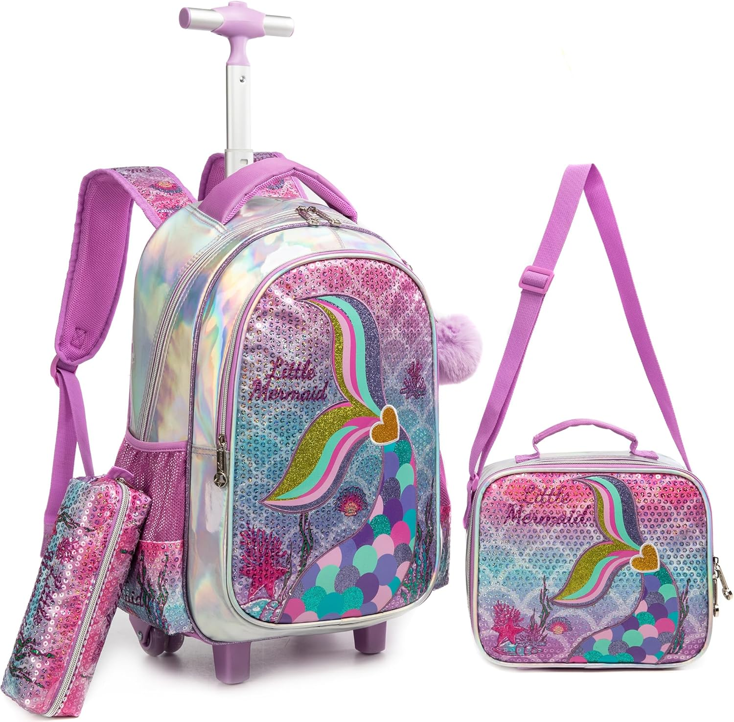 ZBAOGTW Rolling Backpack for Girls Unicorn Rolling Backpack with Lunch Box and Pencil Bag Adjustable Length Wheeled Backpack