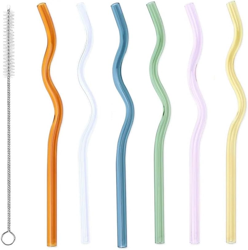 Glass Straws, High Borosilicate Bent Glass Straw Wavy Reusable Transparent Multi Colored Straws for Coffee, Milk and Tea Straws (Colorful) image number 3