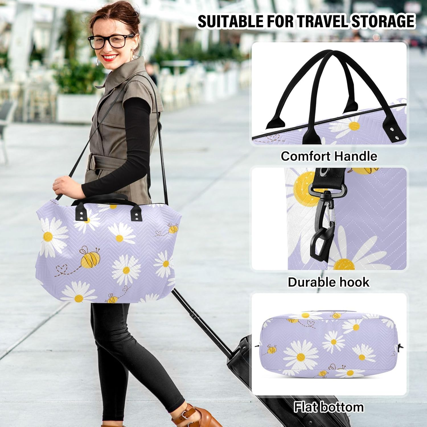 Large Travel Duffel Luggage Carry on Shoulder Weekend Tote Daisy Flower Field Bee Happy Good Luck Sports Duffel Bags, Seamless Daisy Flower Field Bee Happy Good Luck, Set of 2, Art Deco image number 6