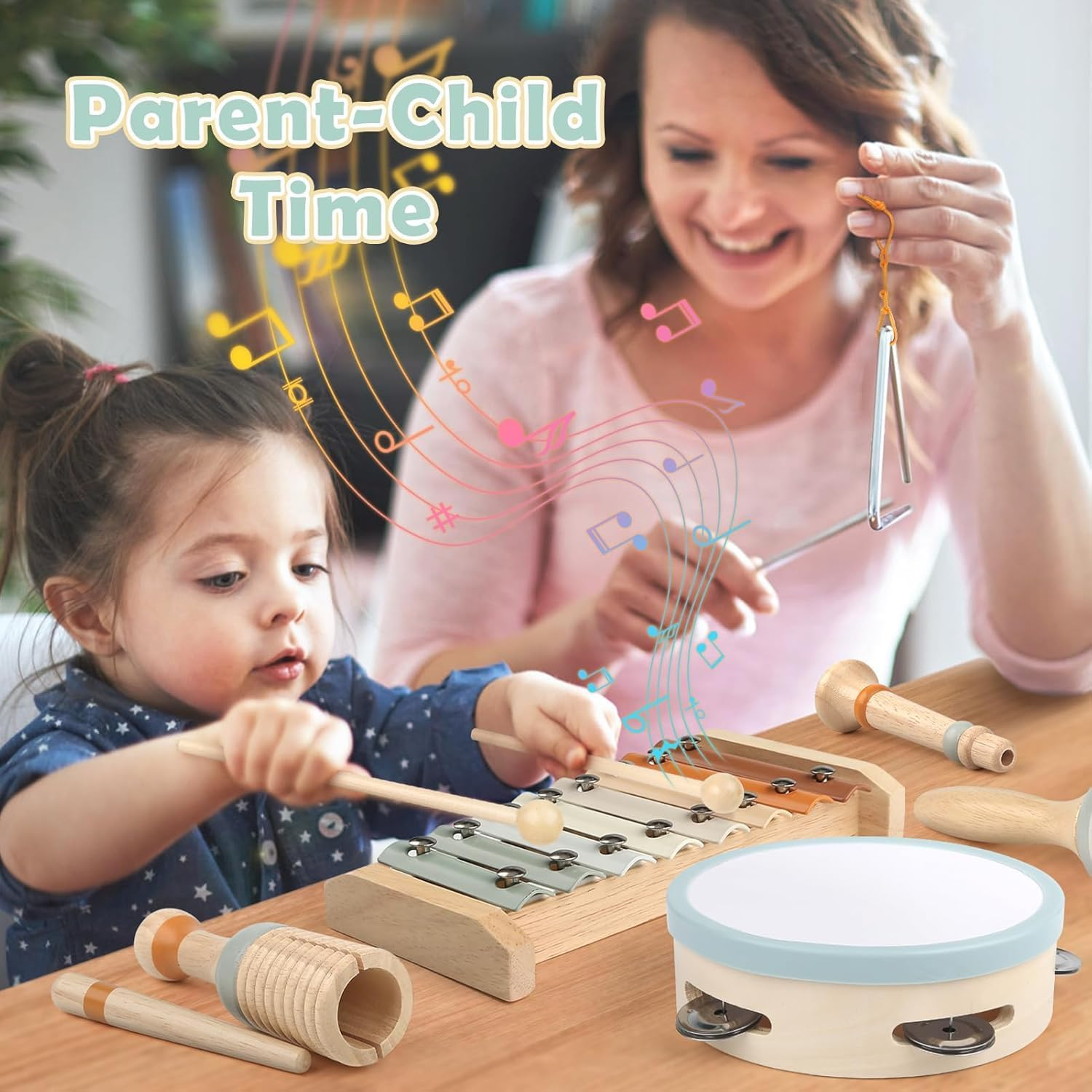 Kids Wooden Musical Instruments Toys, 6 in 1 Toddlers Music Enlightenment Percussion Toys Xylophone Drum Tambourine Sensory Toys for Baby Boy Girl Gift image number 6