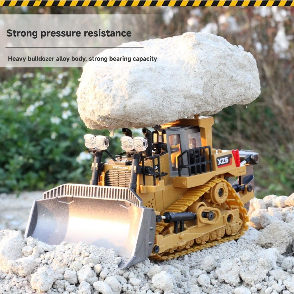 TOYVIBE 1:24 Scale Alloy Remote Control Bulldozer - 2.4Ghz 9-Channel RC Construction Vehicle with Multi-Terrain Tires, Realistic Lights & Sound, Long Range Control for Adults/Kids (Yellow) image number 5