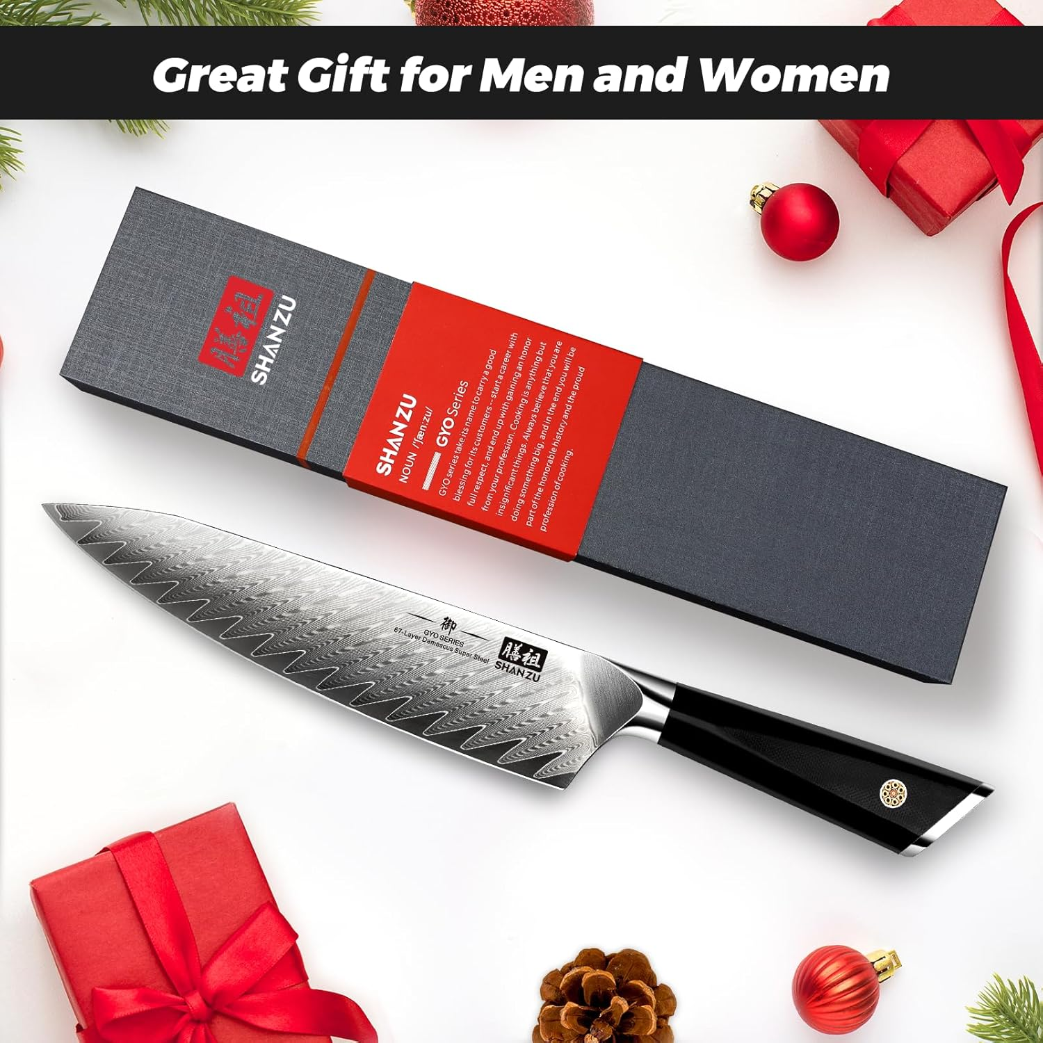 SHAN ZU Damascus Chef Knife 8 Inch, 67-Layer High Carbon Steel Kitchen Knife,Ultra Sharp Japanese Chef Knife,Professional Kitchen Utility Knives with G11 Ergonomic Handle Cooking Knife with Gift Box image number 6