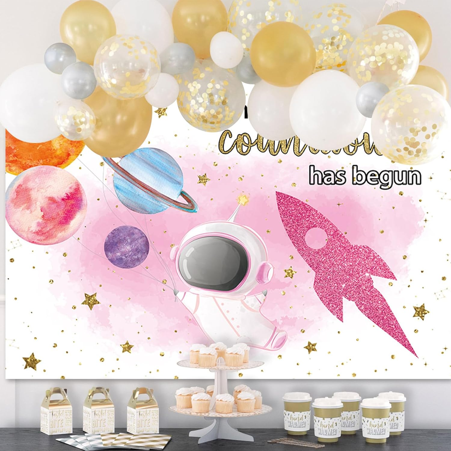 APROPHIC Space Baby Party Background Pink Astronaut Girl Countdown Has Begun Rocket Background, Planet Baby Shower Decoration Banner Photography Background 210 X 150 Cm