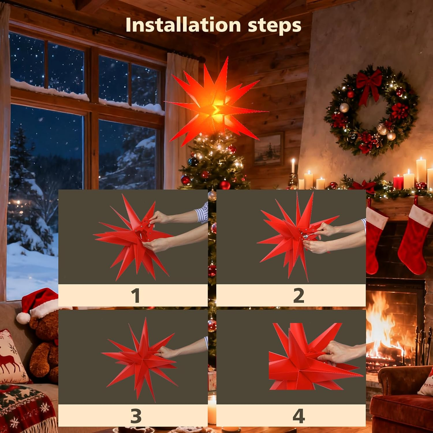 BAYHT 60 Cm Christmas Star Illuminated, 3D LED Christmas Tree Topper, Star Battery with Timer, Advent Star for Decorating Christmas Tree, Courtyard, Balcony and Garden image number 6