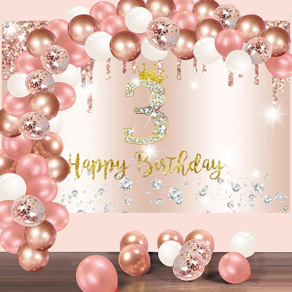 3Rd Birthday Decorations for Girls Happy 3Rd Birthday Backdrop Banner Party Deco Girl 3 Years Old Sign Poster Rosegold Photo Background 3Rd Birthday Party Supplies, 150 Cm X 90 Cm