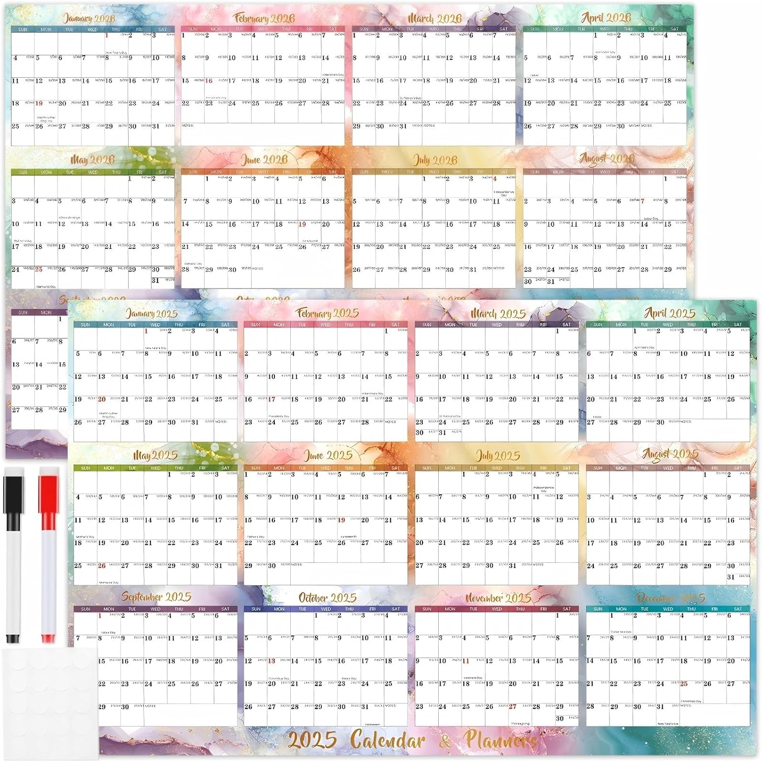 2025-2026 Wall Calendar Large, 58 X 88 Cm - Runs from July 2025 until June 2026, Wet & Dry Erasable Laminated 12 Month Planner, Reversible, Horizontal/Vertical, 2 Erasable Pens & Double-Sided Adhesive