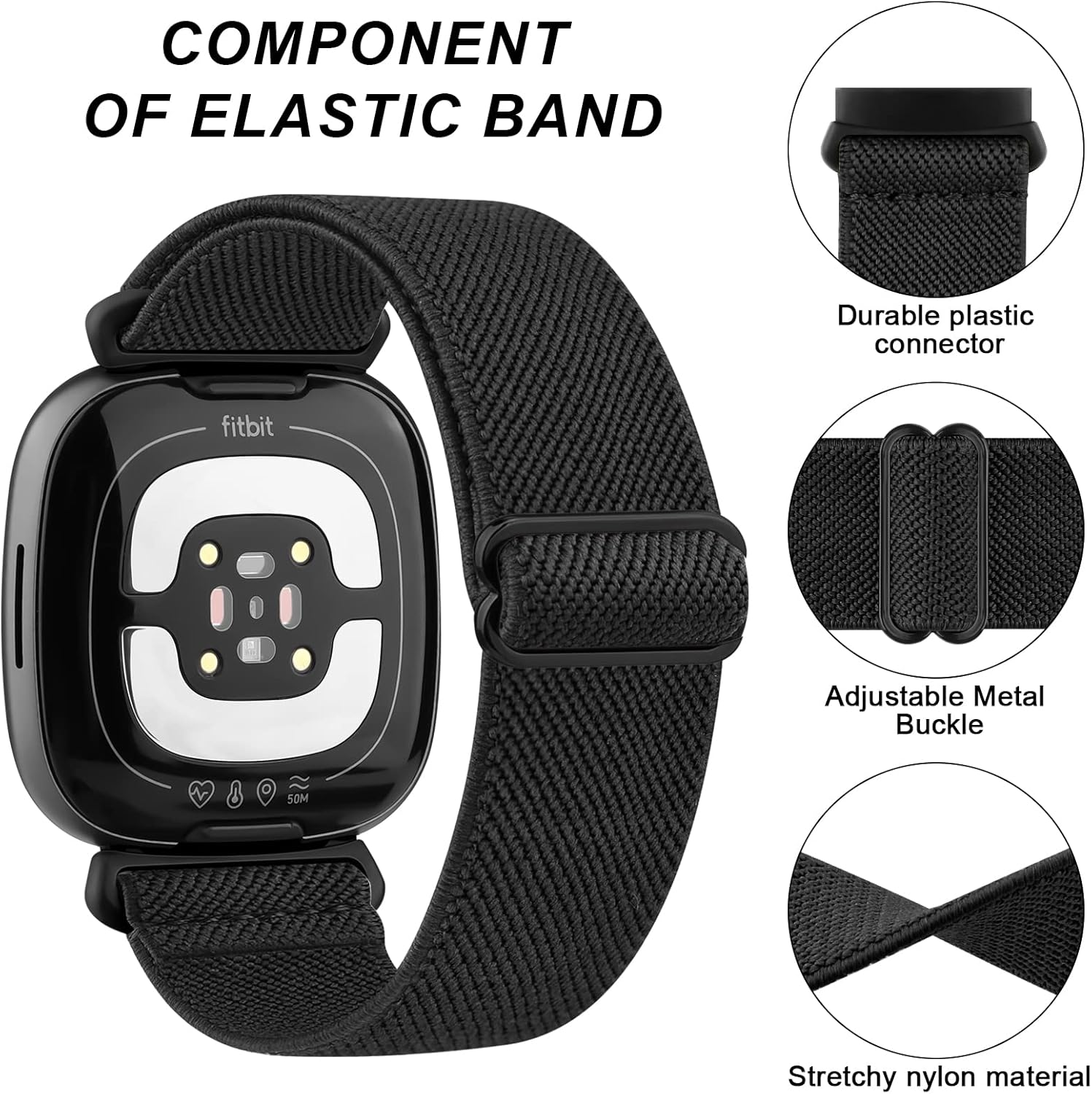 Elastic Solo Loop for Fitbit Versa 4 Band & Sense 2 Band Women/Men, Soft Stretchy Loop Adjustable Sport Replacement Wristbands for Fitbit Sense/Sense 2/Versa 3/4 image number 1