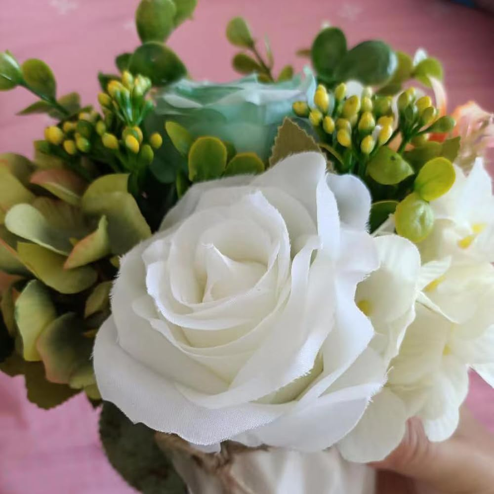 Hbluefat Small Artificial Flowers with Vase,Hydrangea Silk Roses Faux Flower in Ceramic Vase,Faux Flower Arrangement with Vase Suitable for Home Office Decoration,Dining Table Centerpiece (Vitality) - Green Daisy image number 2