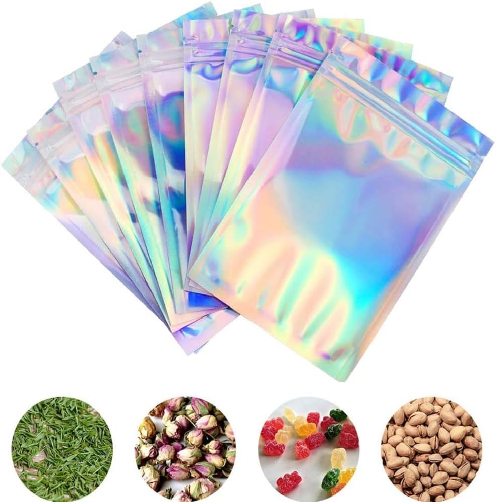 Holographic Foil Pouch Bags Flat Ziplock Bag Permotary Resealable Smell Proof Bags Colorful Aluminum Foil Bags Rainbow Mylar Bags for Food Storage Party Favor Trip (4"X 6", 50Pcs) image number 2
