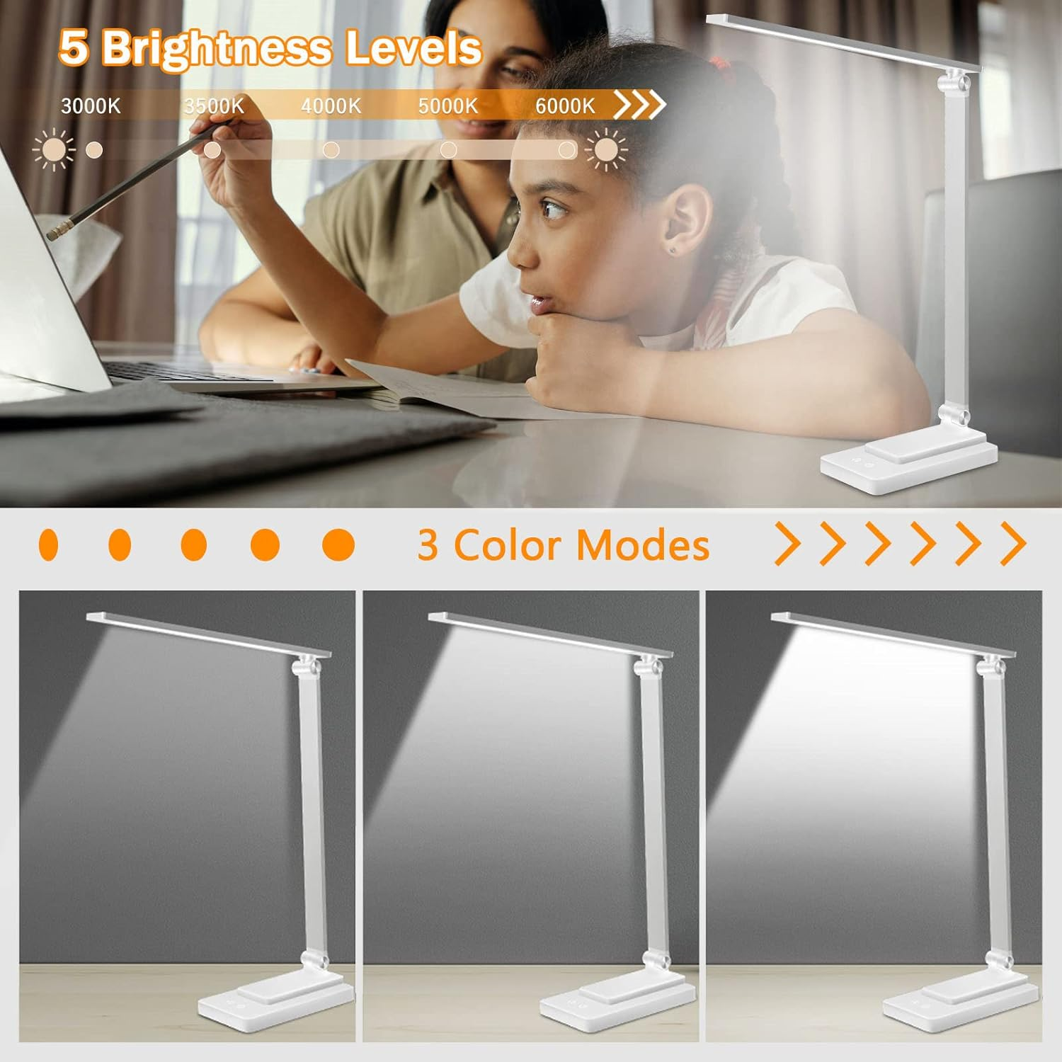 LED Desk Lamp Eye-Caring Touch Control Table Lamp with USB Charging Port 3 Lighting Modes 5 Brightness Levels for Office Study Room Bedroom (White) image number 4