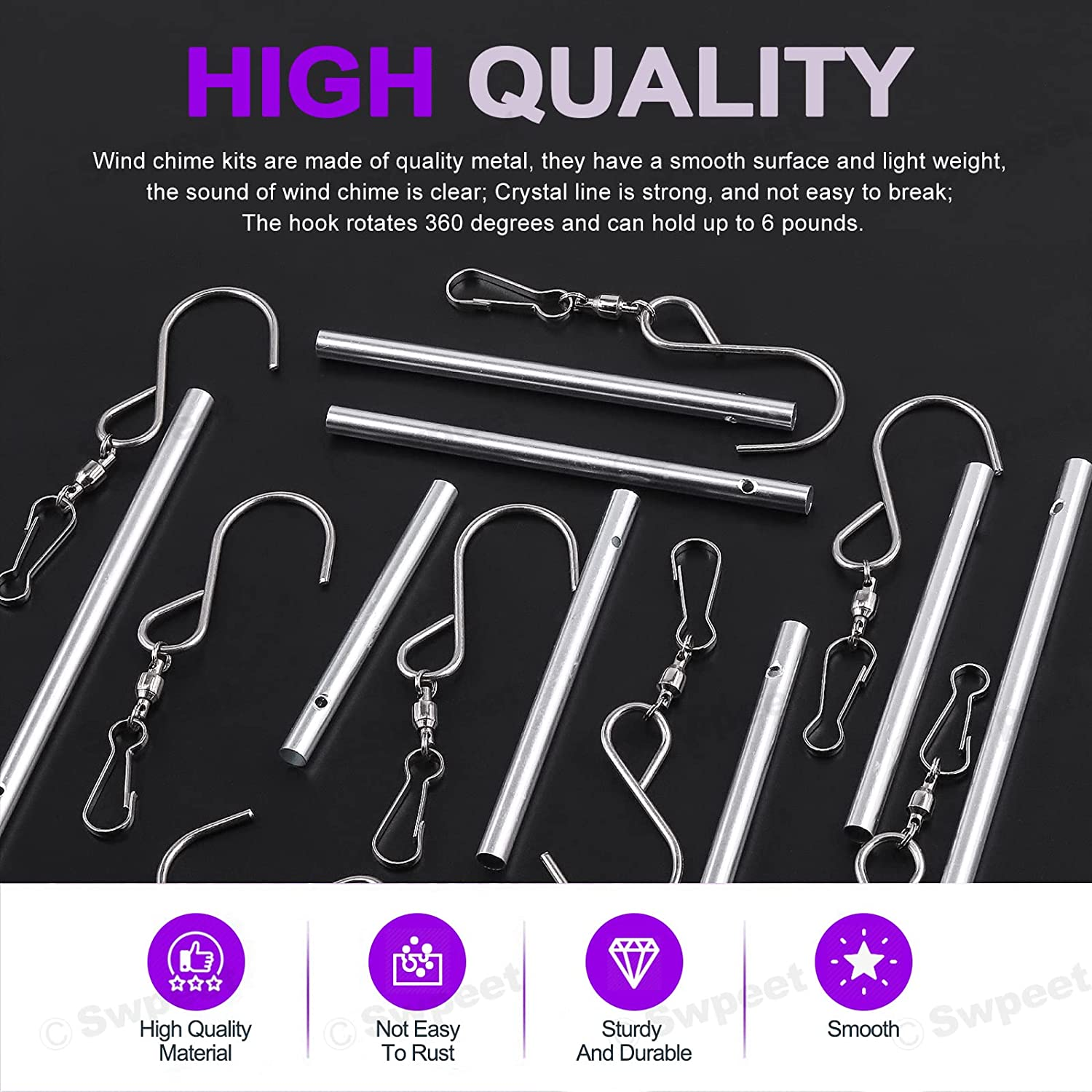 Swpeet 61Pcs Wind Chime Tubes Parts and 100 Yard Wind Chime Wire with Swivel Hooks Clips Making Kit, Wind Chime Supply Wind Chime Part Wind Chime Kit for Crafts DIY Hanging Wind Chimes Ornament image number 1