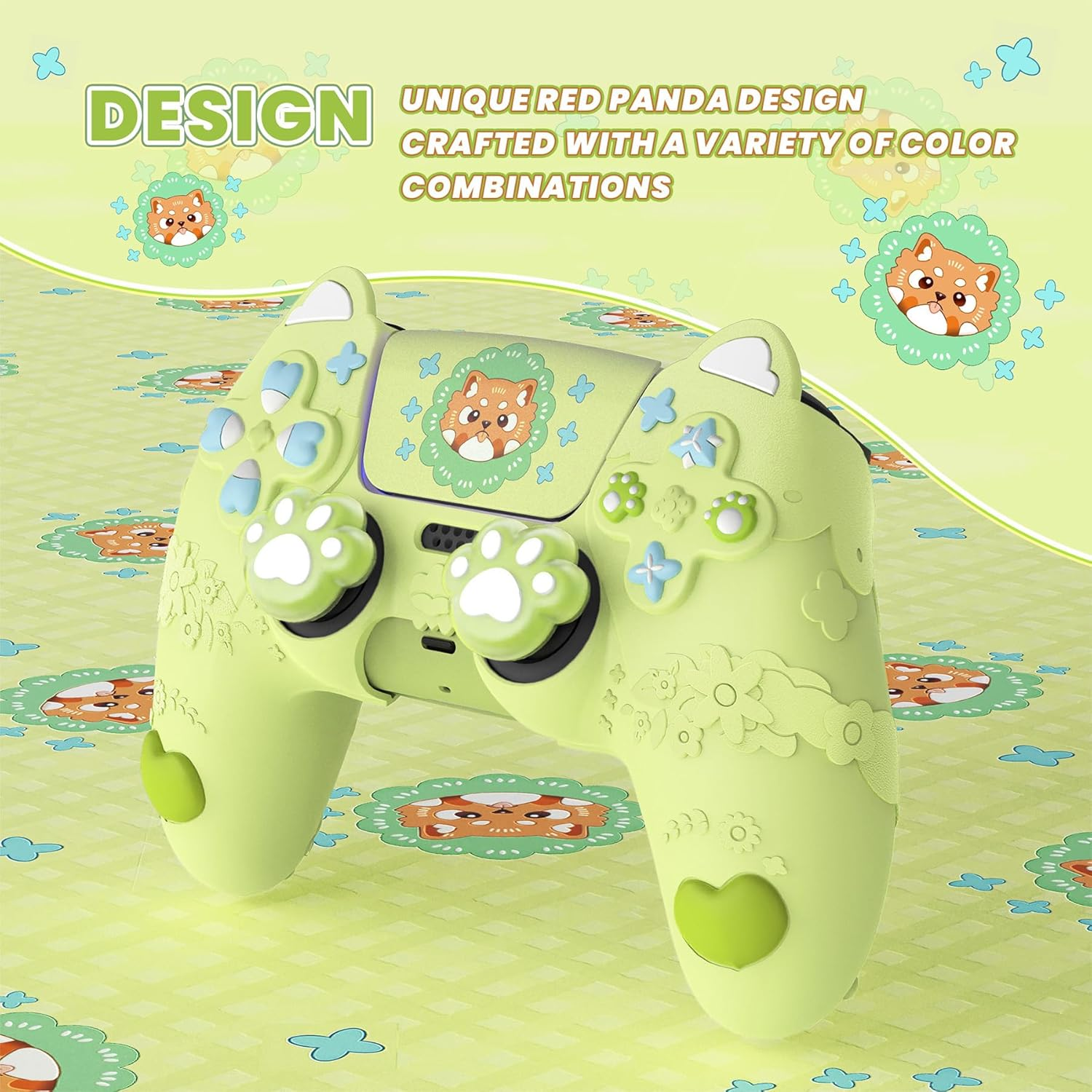 Playvital Cute Spring Lesser Panda Silicone Cover for Ps5 Controller with Joystick Cap and Sticker, Anti-Grip Shockproof Skin, Compatible with Charging Station, Eustoma Green image number 4